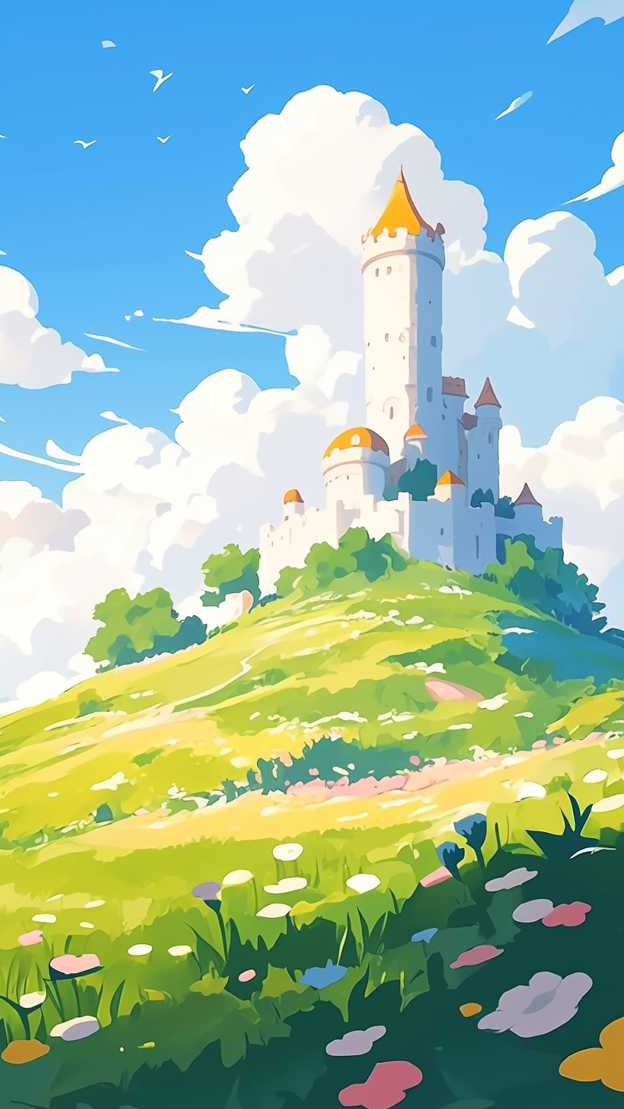 Summer castle with blue sky and white clouds background