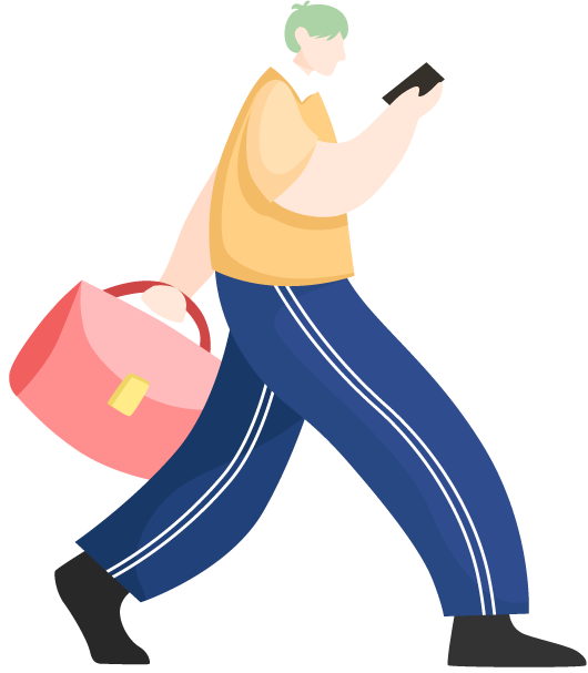 A boy with a handbag/walking while looking at his phone