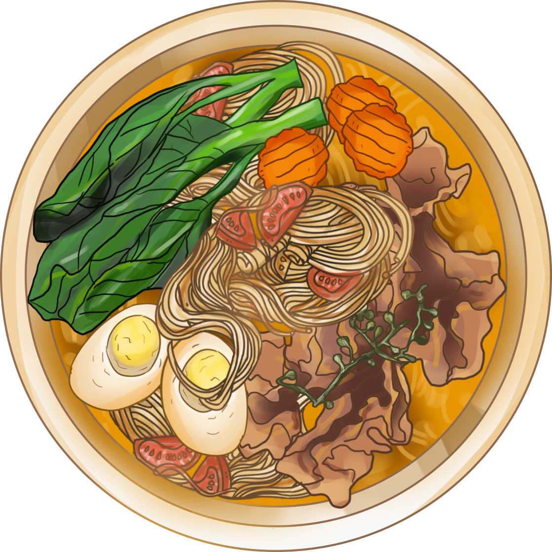 Hand-drawn food illustration of beef noodles