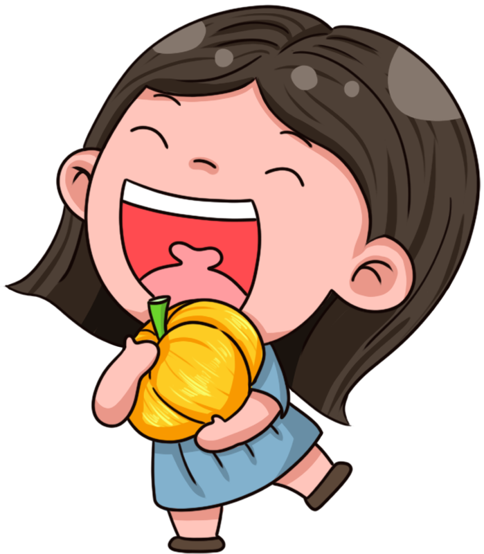 Cute cartoon little girl eating pumpkin