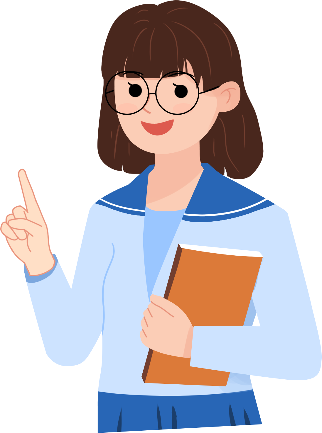 The female teacher wearing glasses