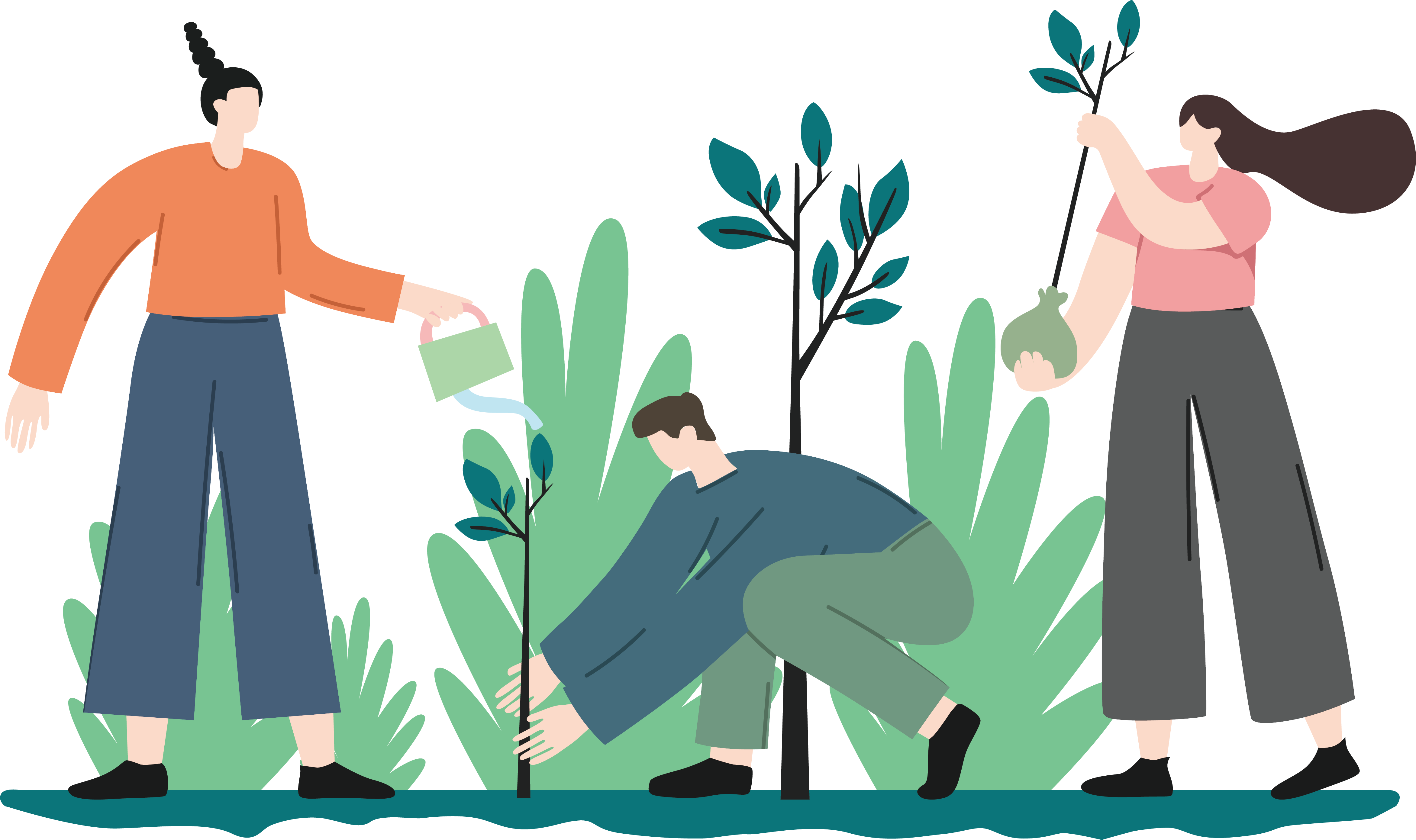 Illustration of people planting trees on Arbor Day