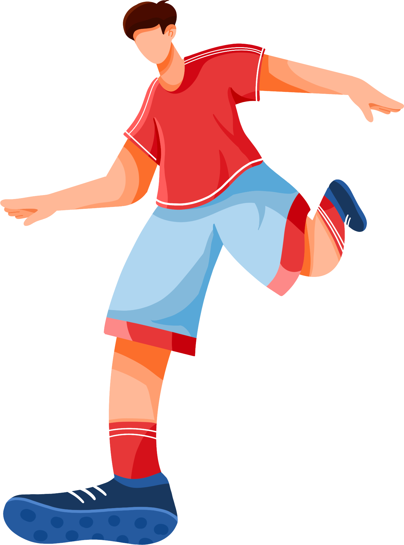 The boy in the red shirt is playing soccer.