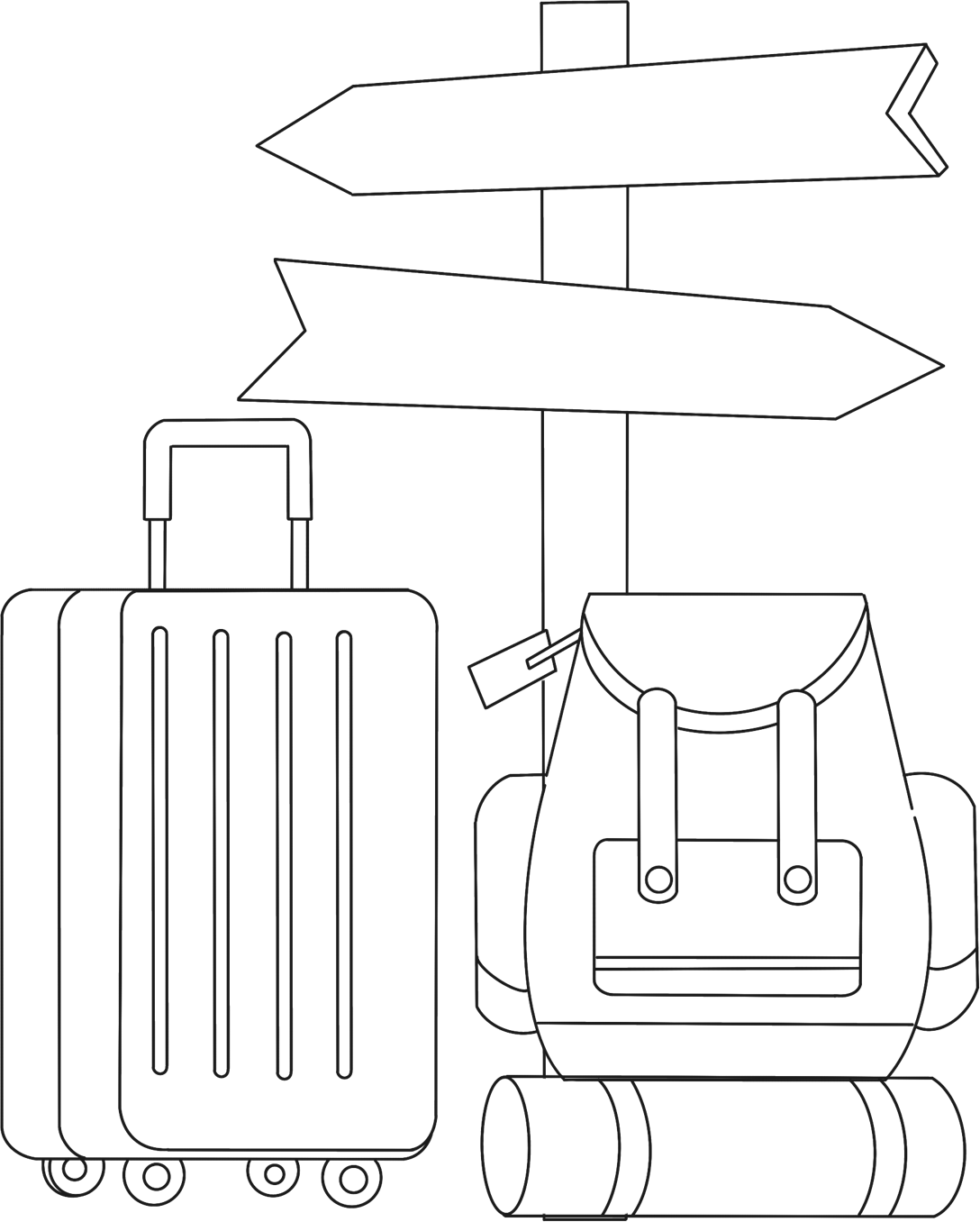 Road signs, luggage, travel, itinerary outline