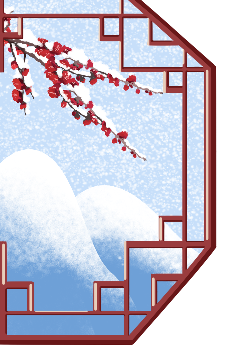 Winter window view of the snow scene with wintersweet flowers