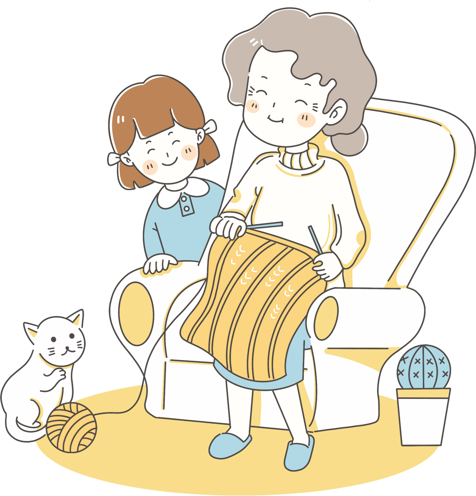 A picture of an elderly person accompanied by a girl and a cat