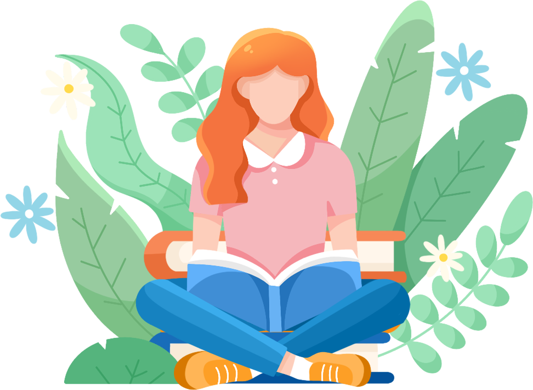 A girl sitting and reading a book among early spring flowers and grass