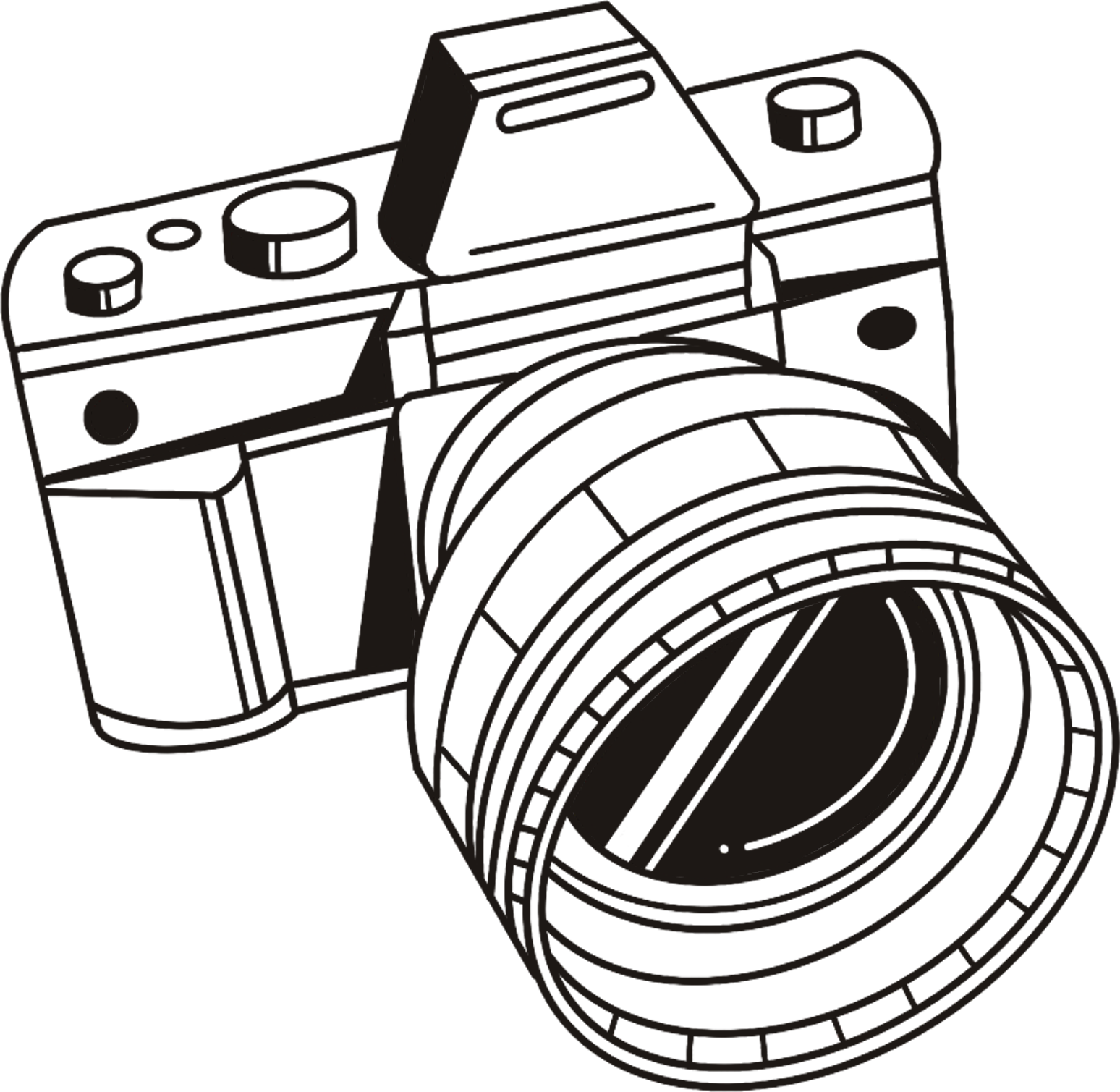 Black and white line drawing of a DSLR camera