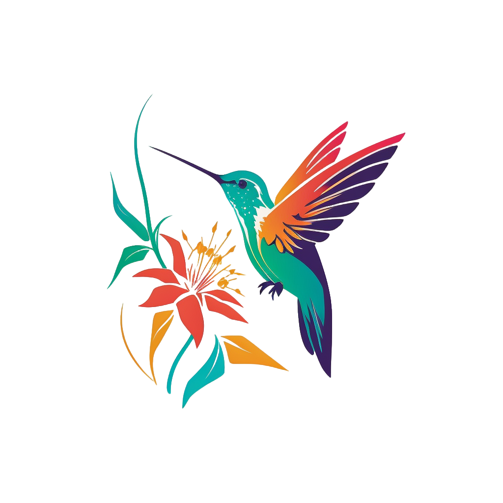Minimalist materials: logo + hummingbird + flower