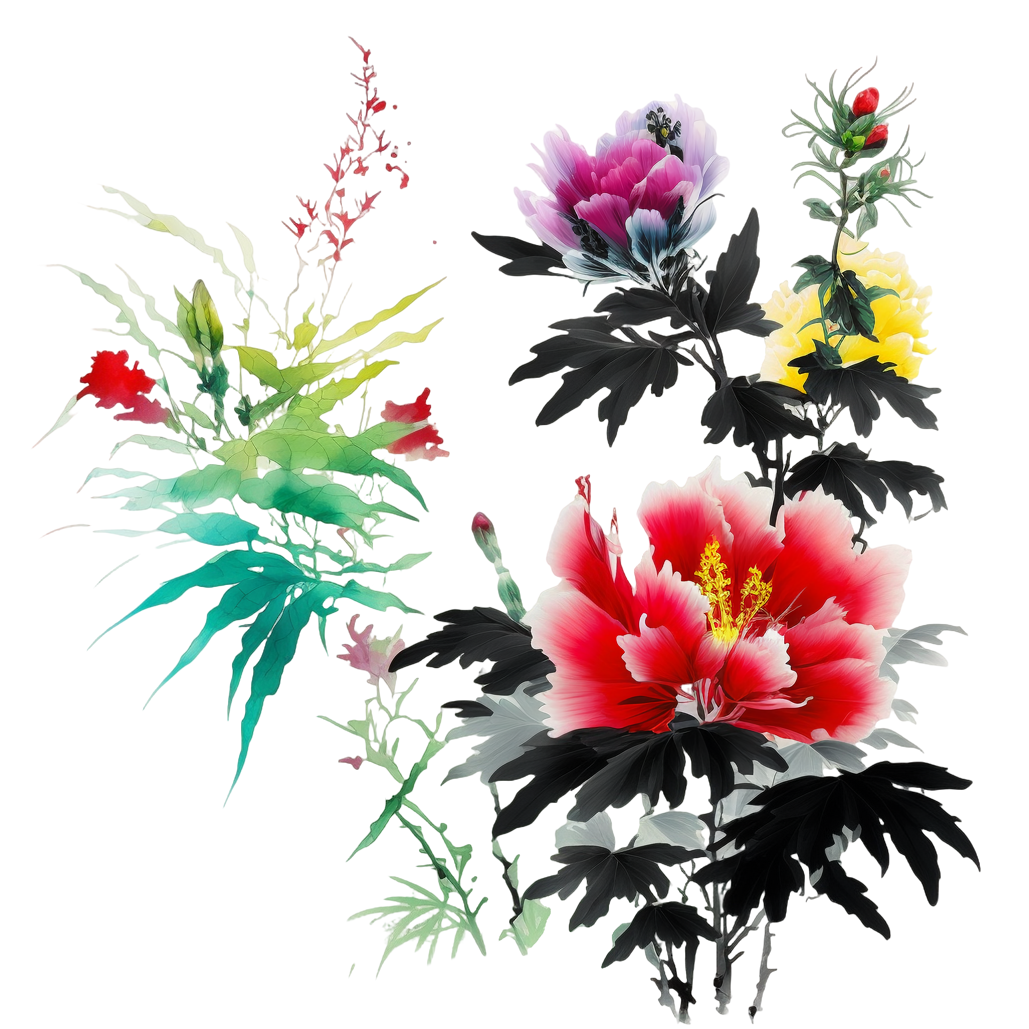 Illustration materials of floral elements in traditional Chinese painting style