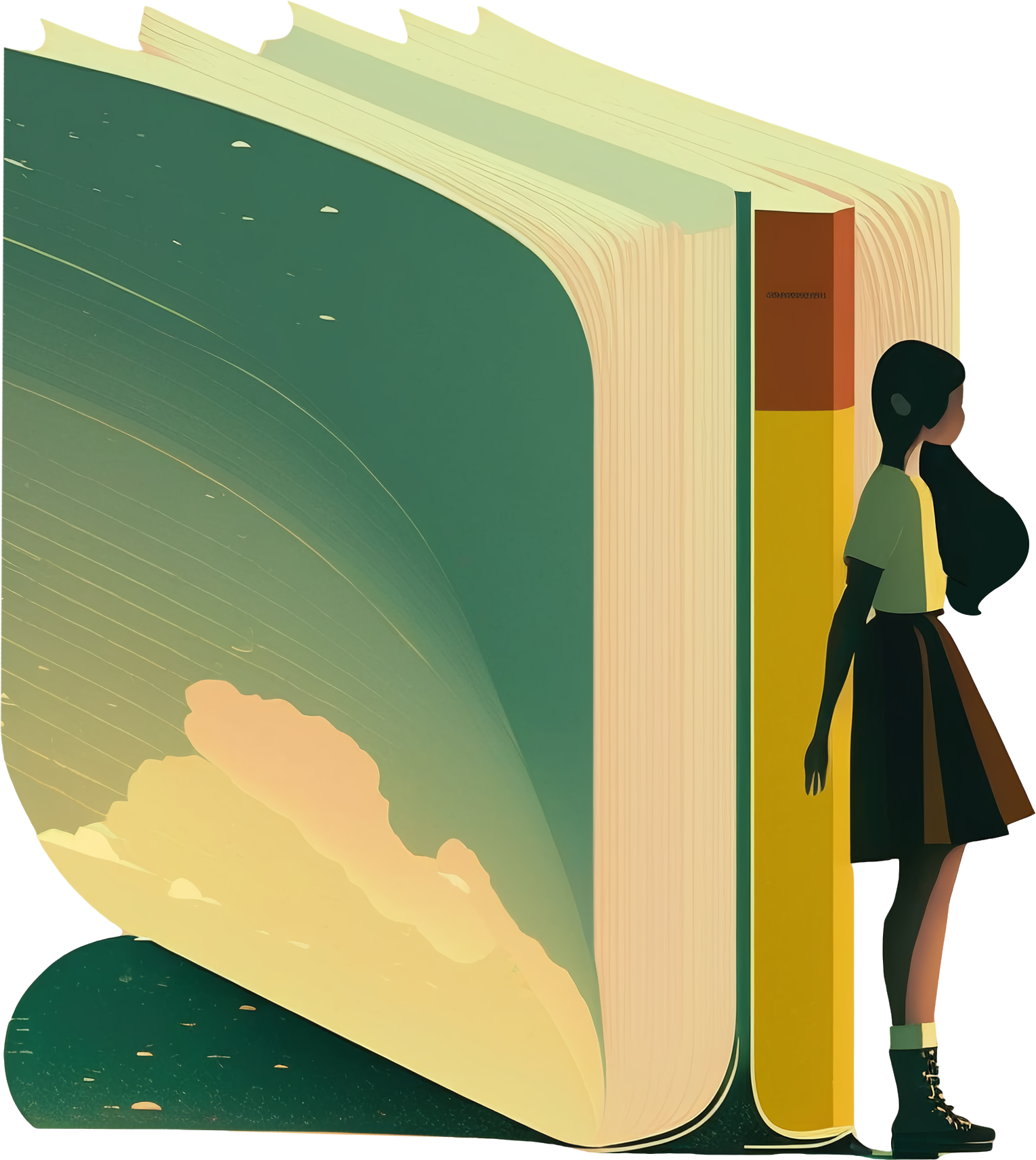 Illustration design PNG material - a cute girl with a big head and small body sitting on a book