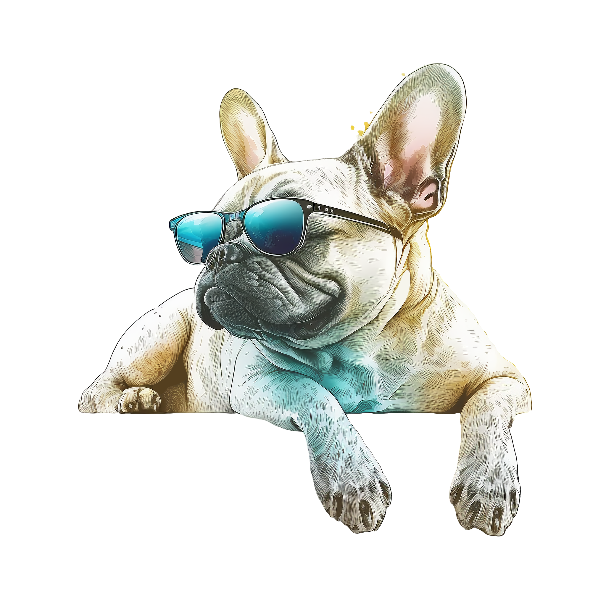 French Bulldogs are so cool, wearing sunglasses and sneakers while lying on a sunbed.