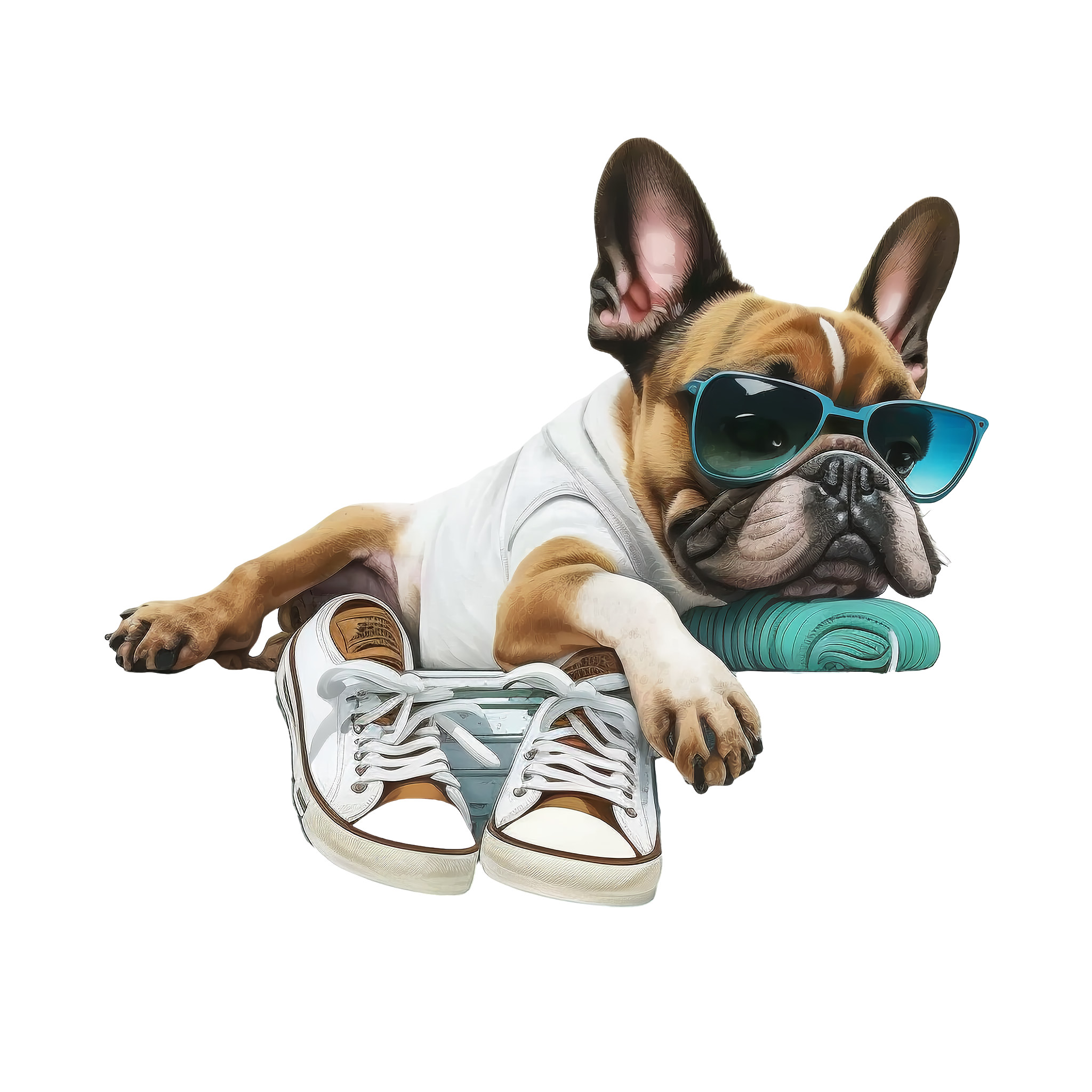 French Bulldogs are so cool! Wearing sunglasses and trendy shoes, lying on a sunbed.