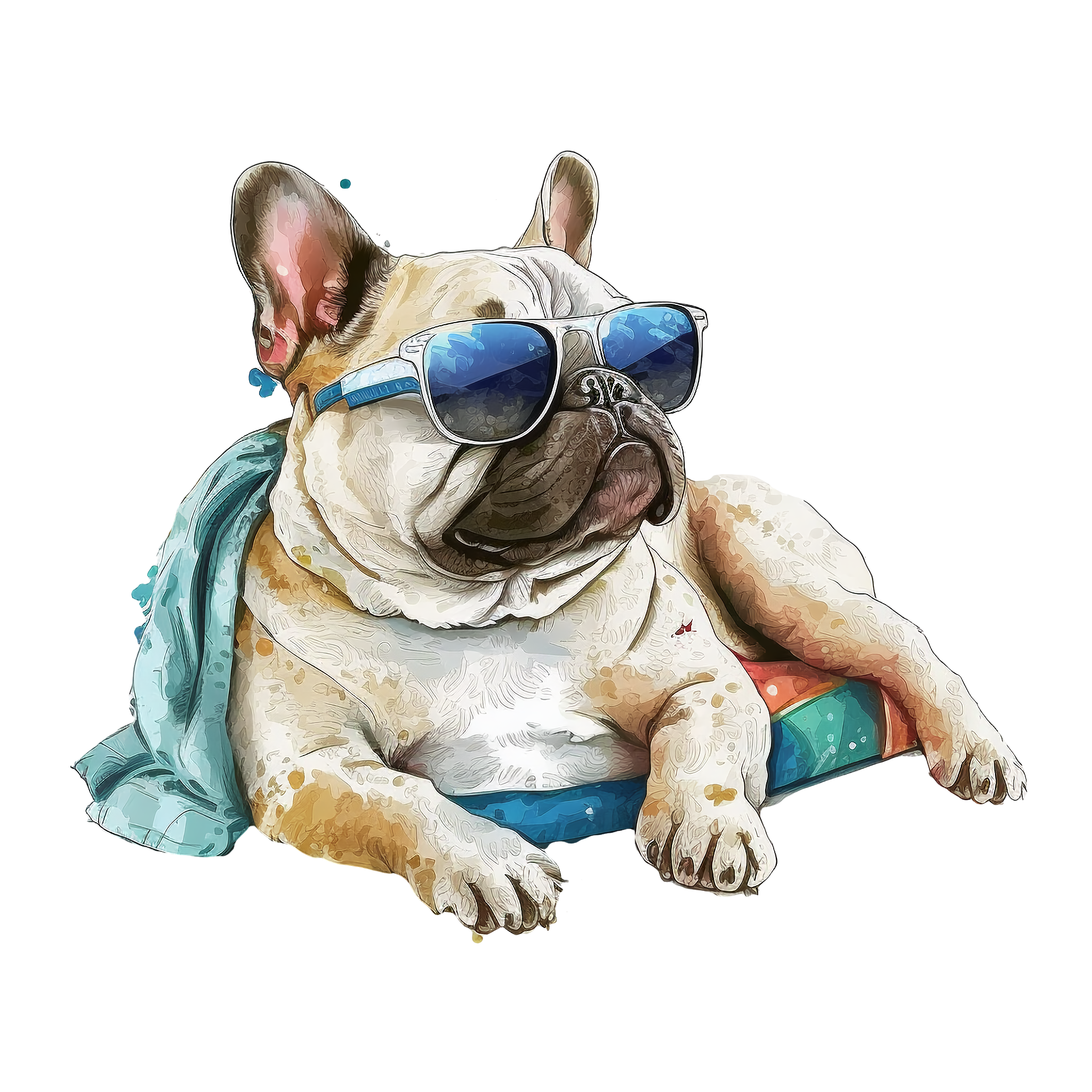 French Bulldogs are so cool! Wearing sunglasses, sporting sneakers, lounging on a sunbed.