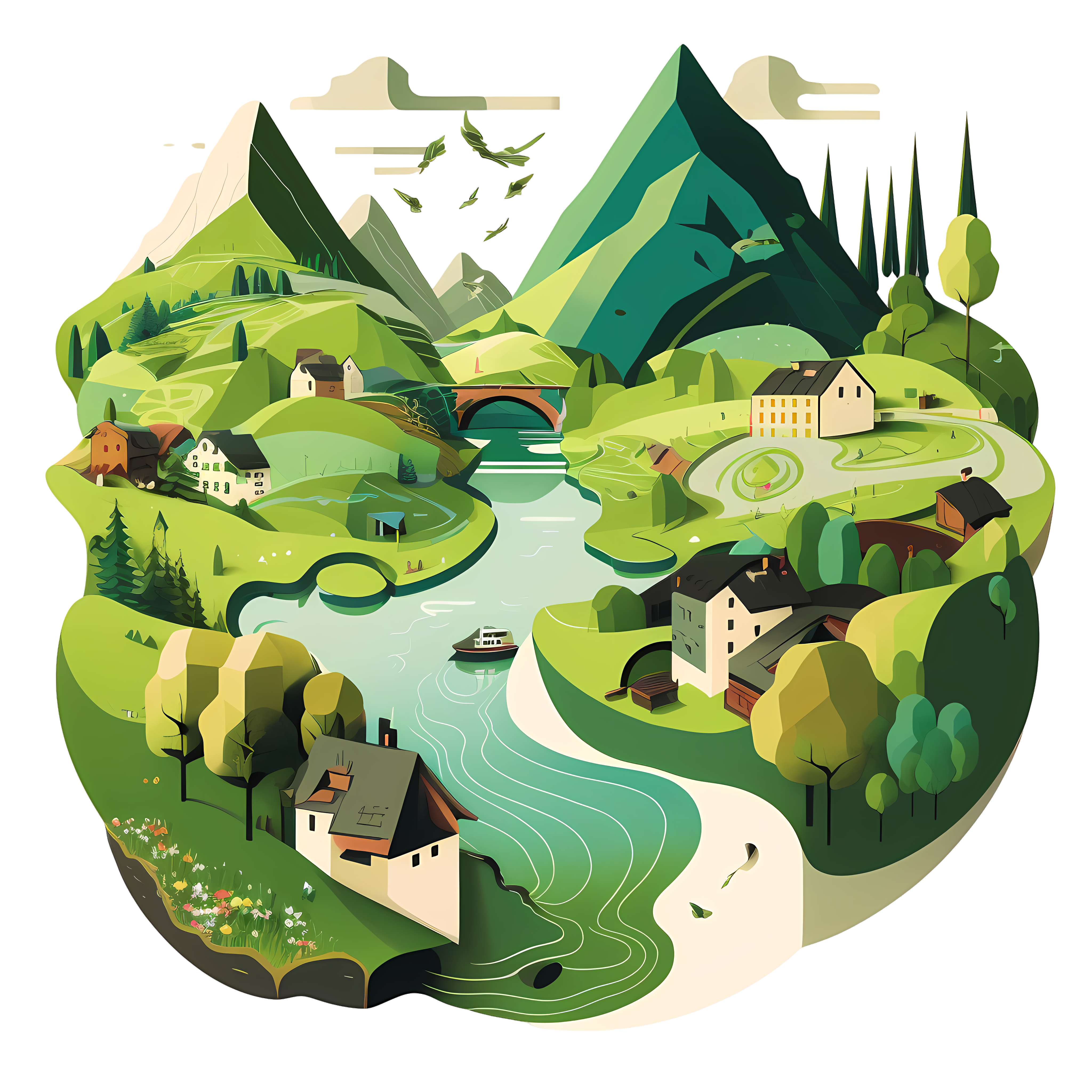 PNG graphic material of a small village surrounded by green mountains