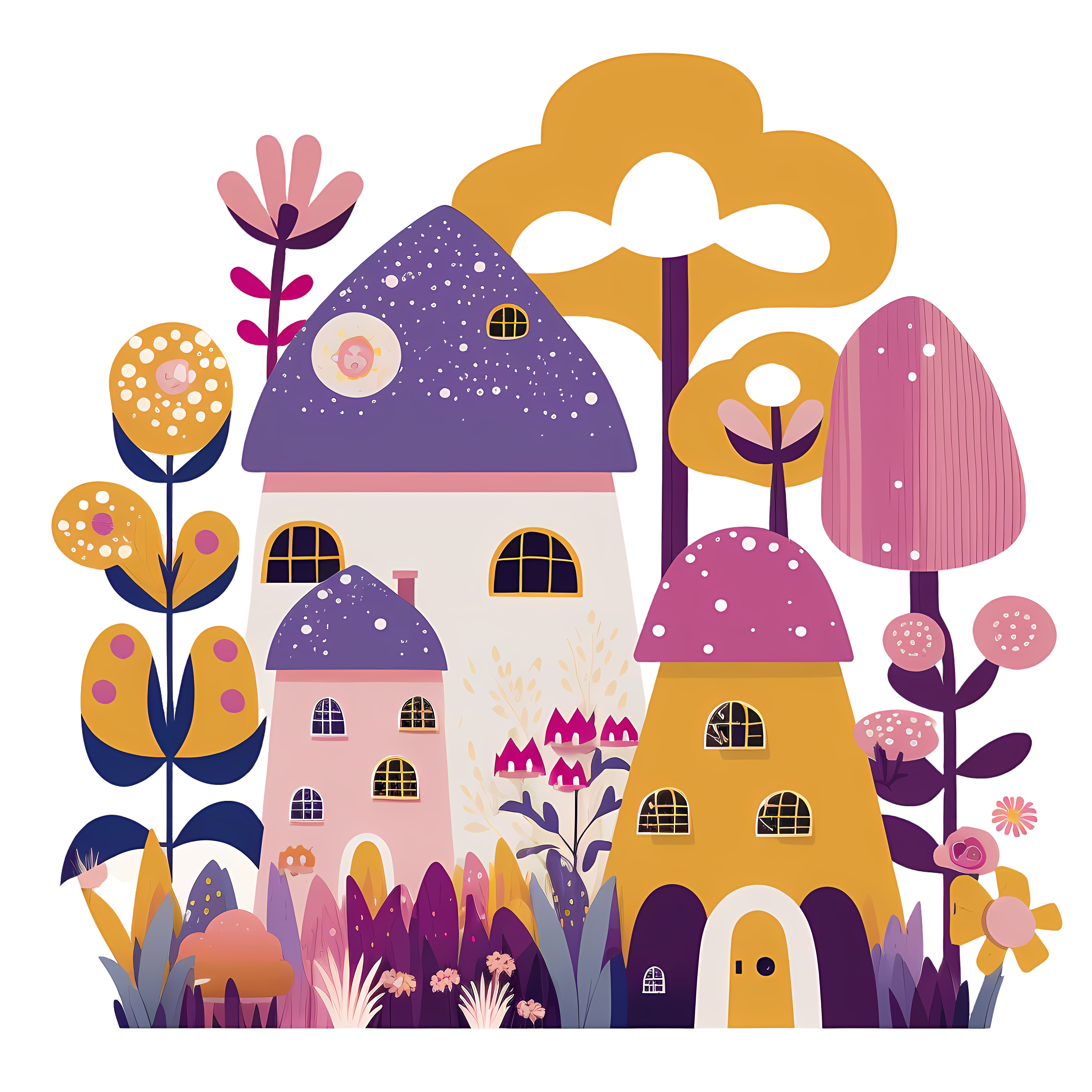 Village mushrooms with yellow, pink, and purple flowers, a lovely and cheerful border design drawing
