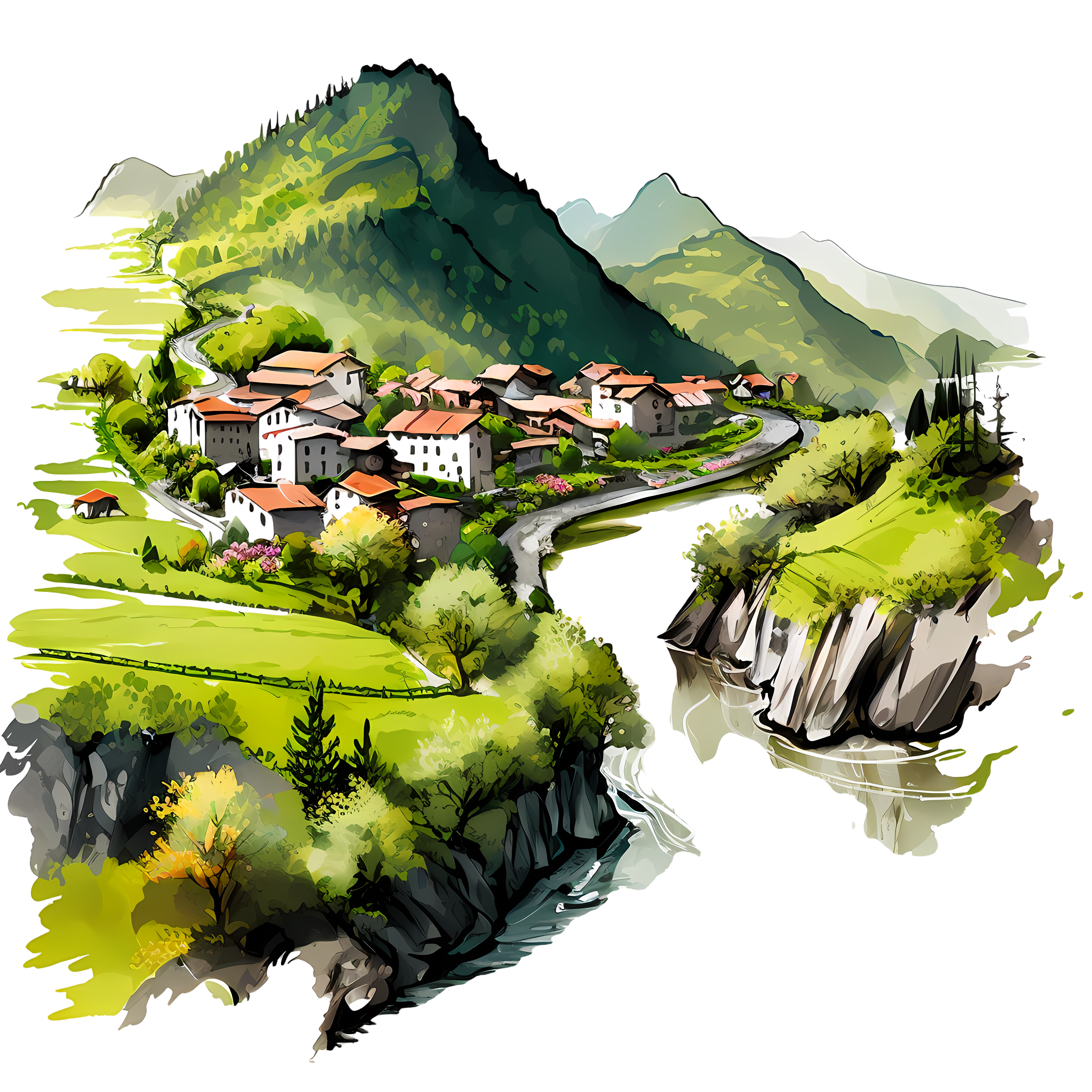 PNG graphic material of a small village among mountains and rivers