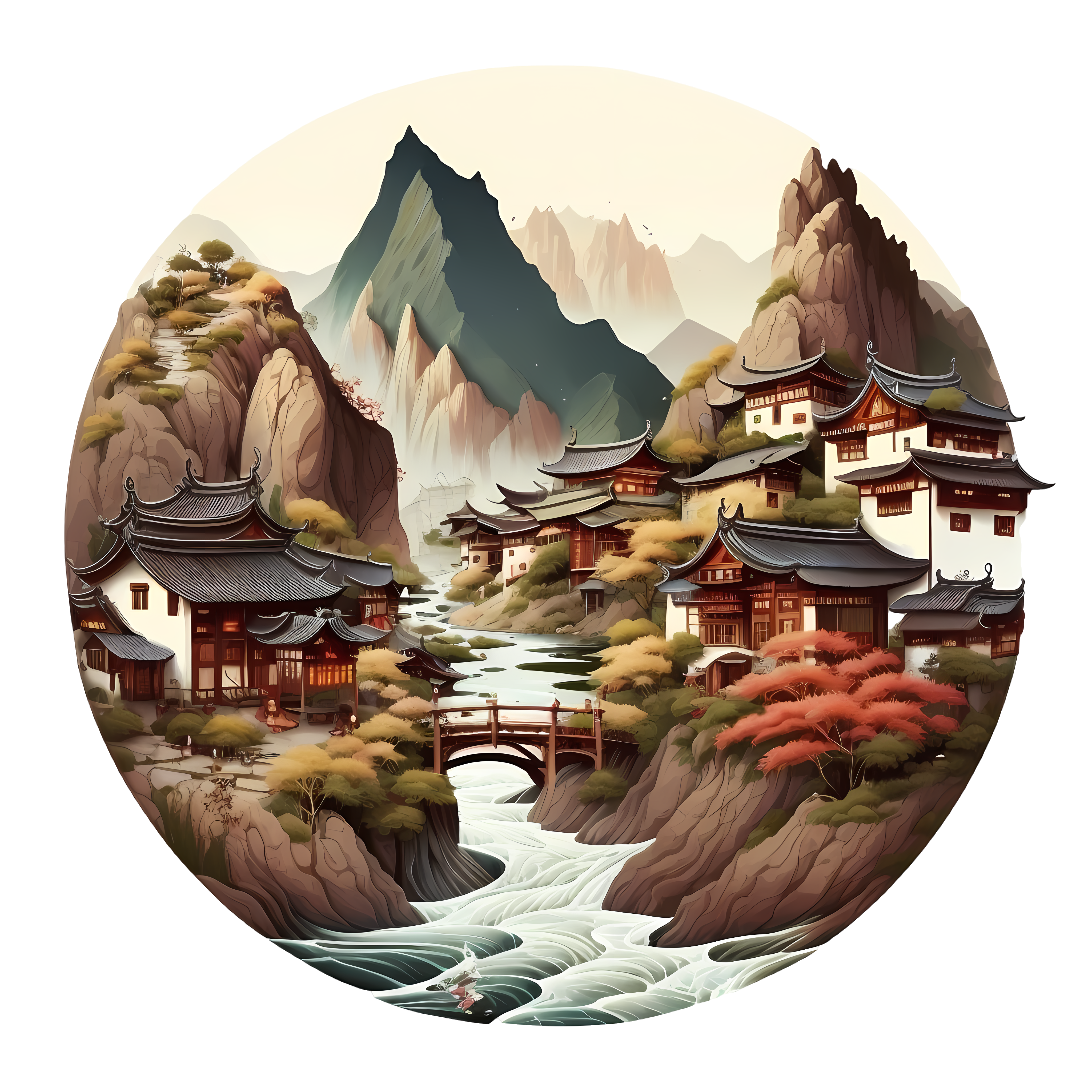 Mountain and water small village white background commercial use PNG material