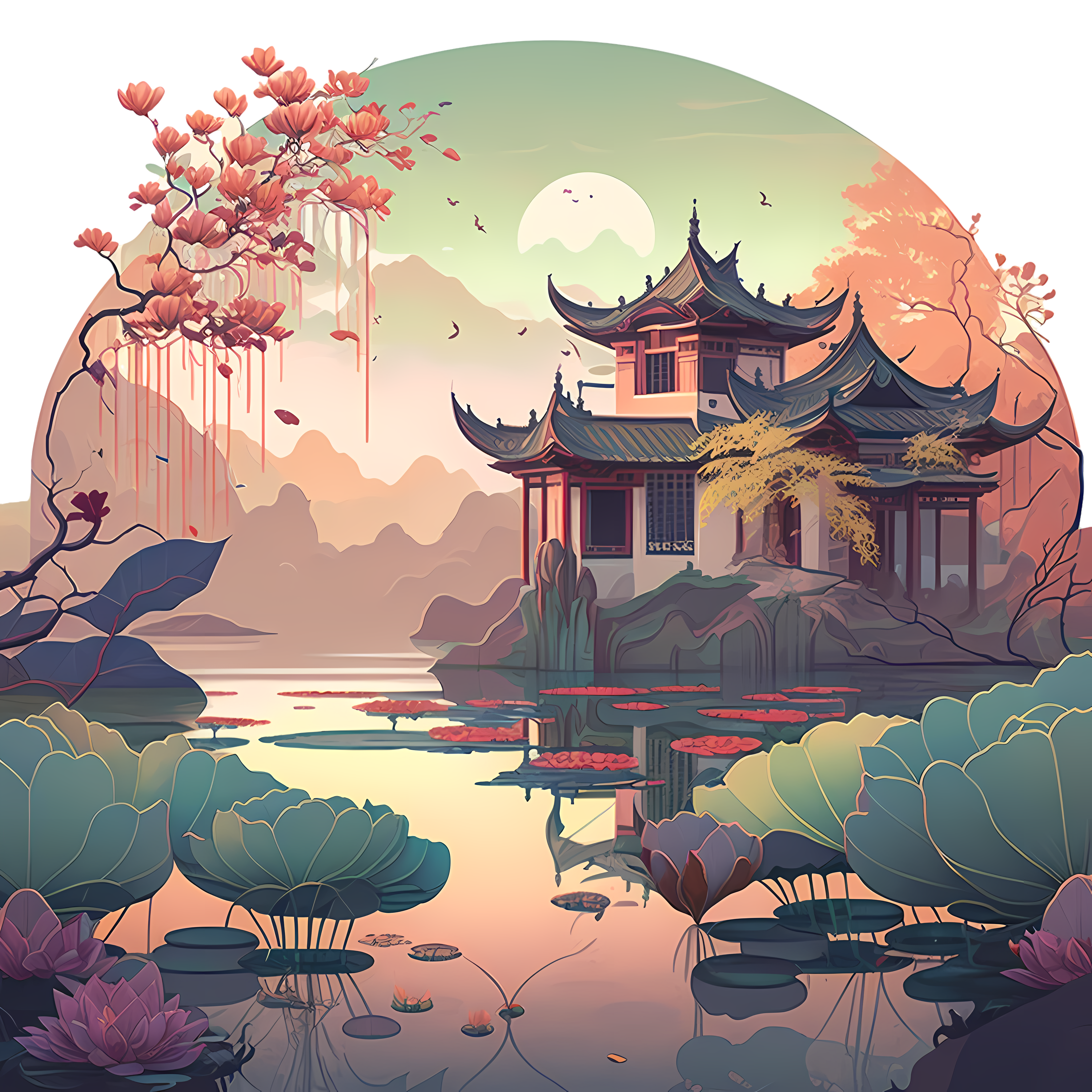 Art Nouveau and exquisite painting style Chinese landscape architecture PNG graphic material