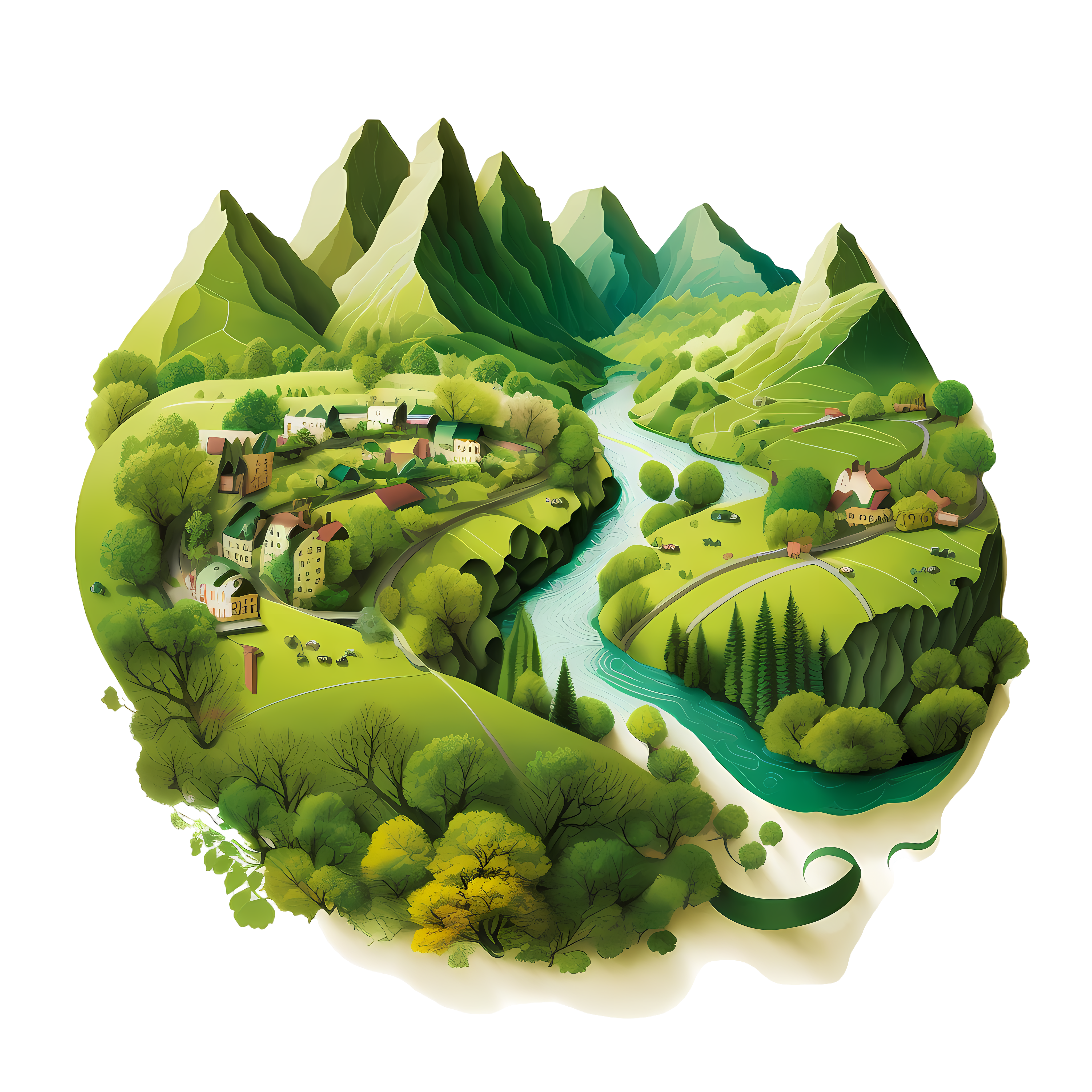 Green Mountain Water Village Transparent Graphic Material