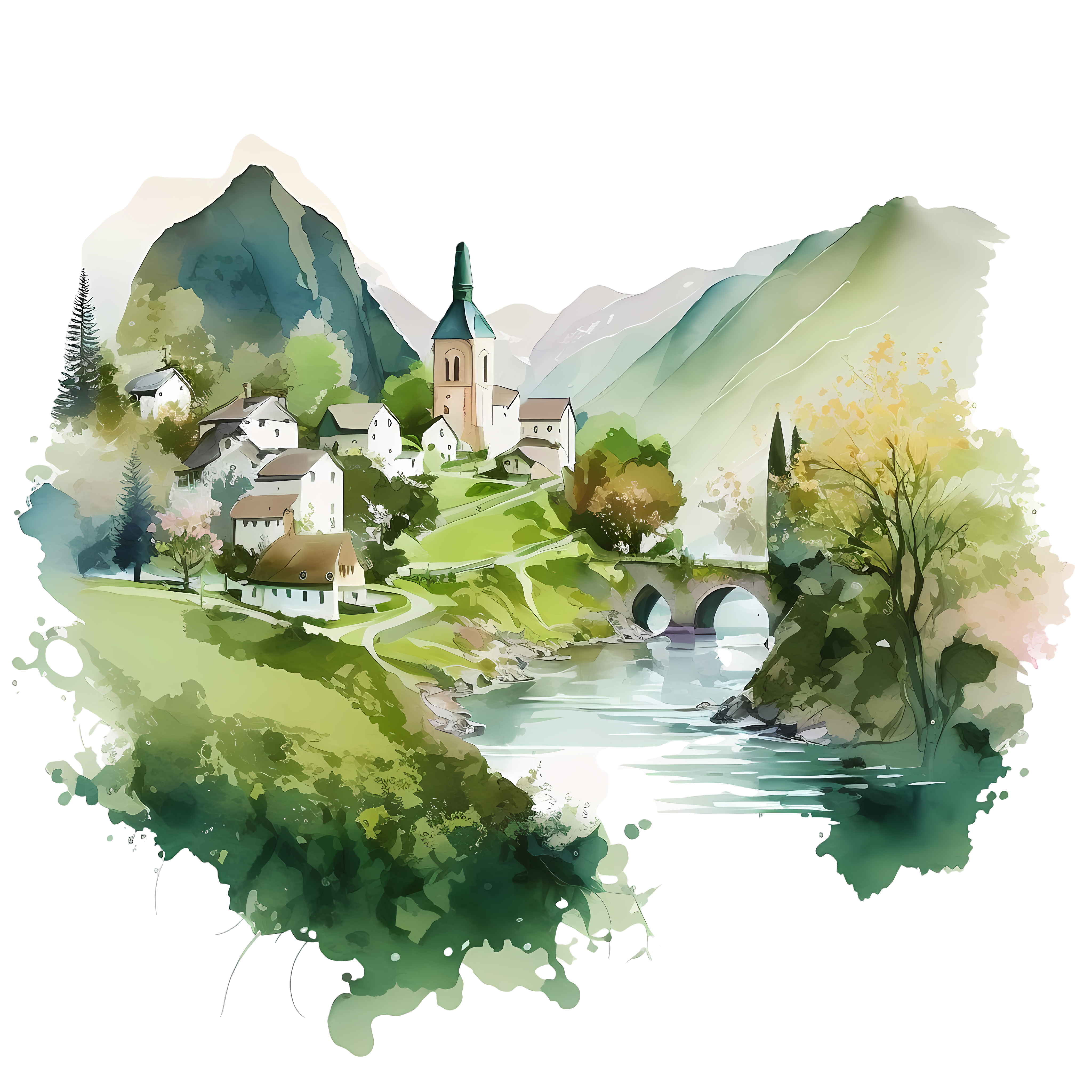 The village under the green mountains and water