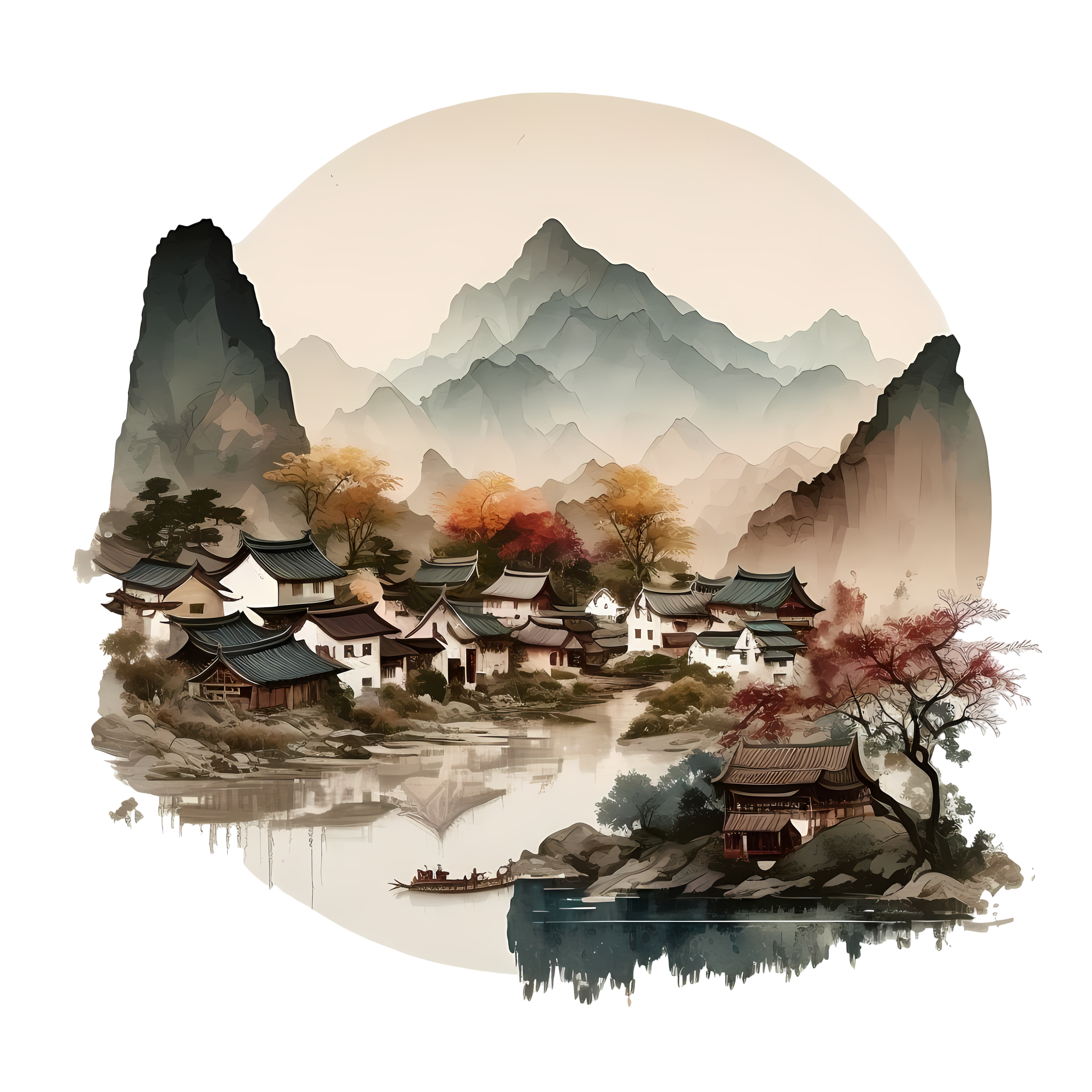 Transparent PNG graphic material of a small village with mountains and rivers