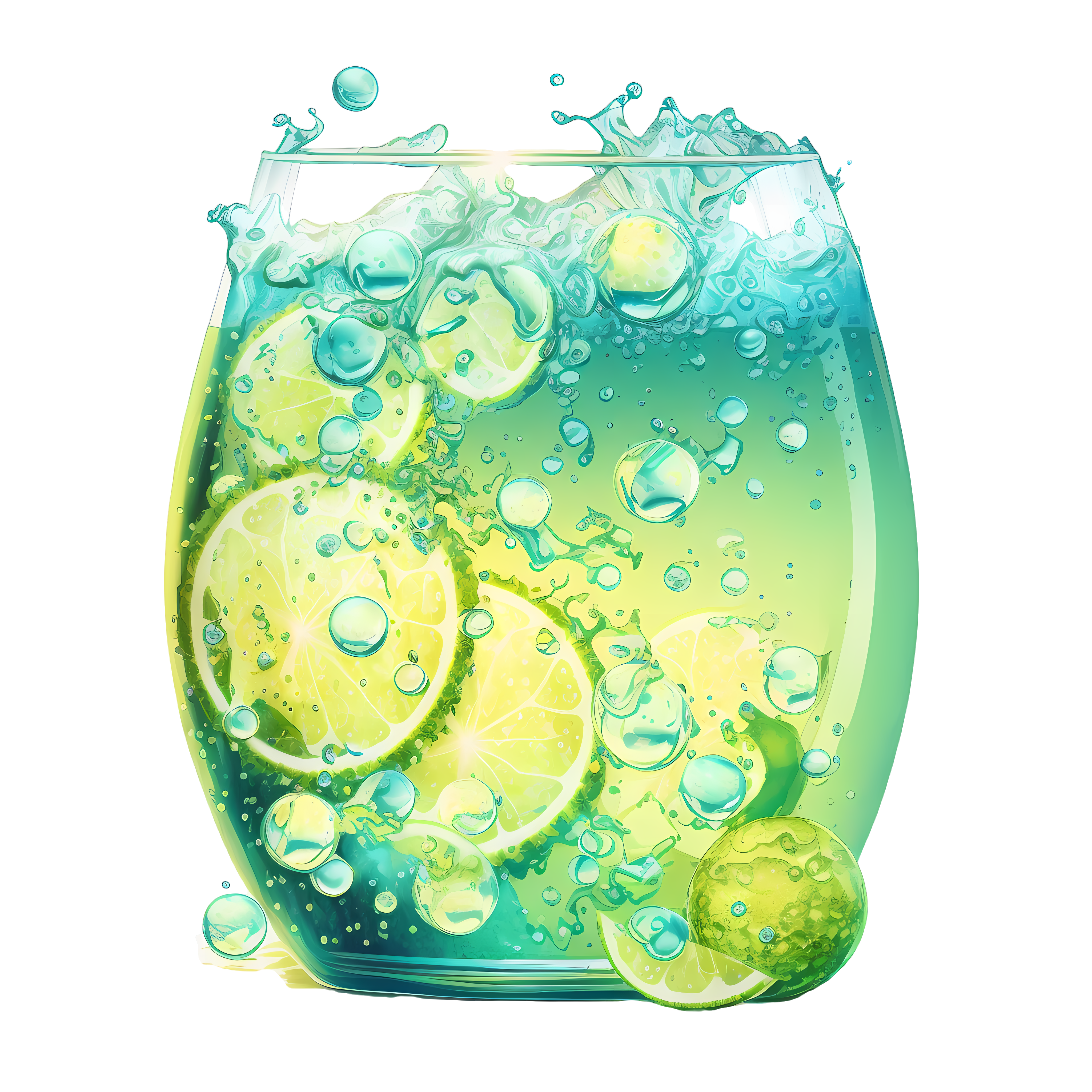 Fresh green and blue lemon water transparent glass cup bubble graphic material
