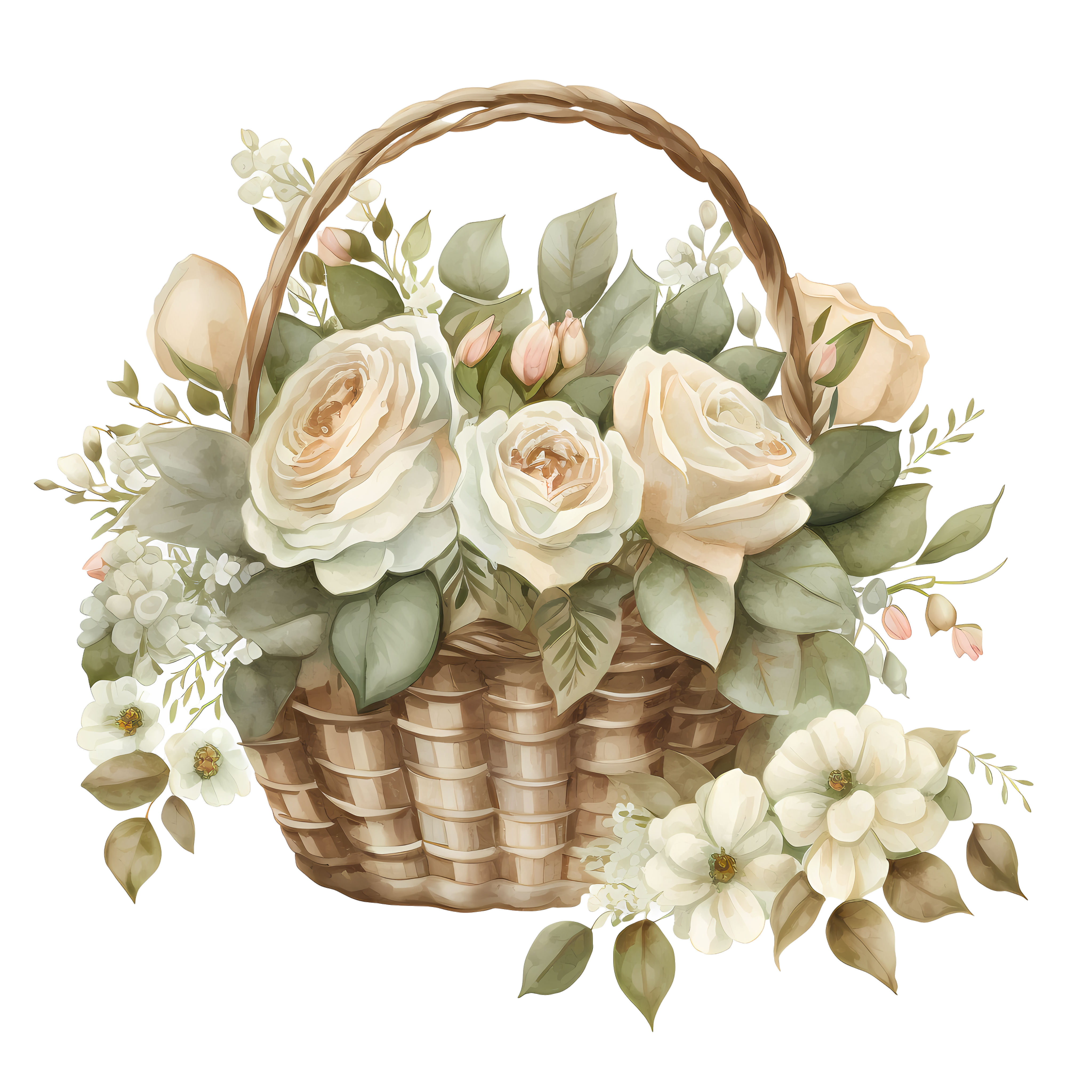 White Rose Wedding Flower Basket Watercolor Pattern PNG Material