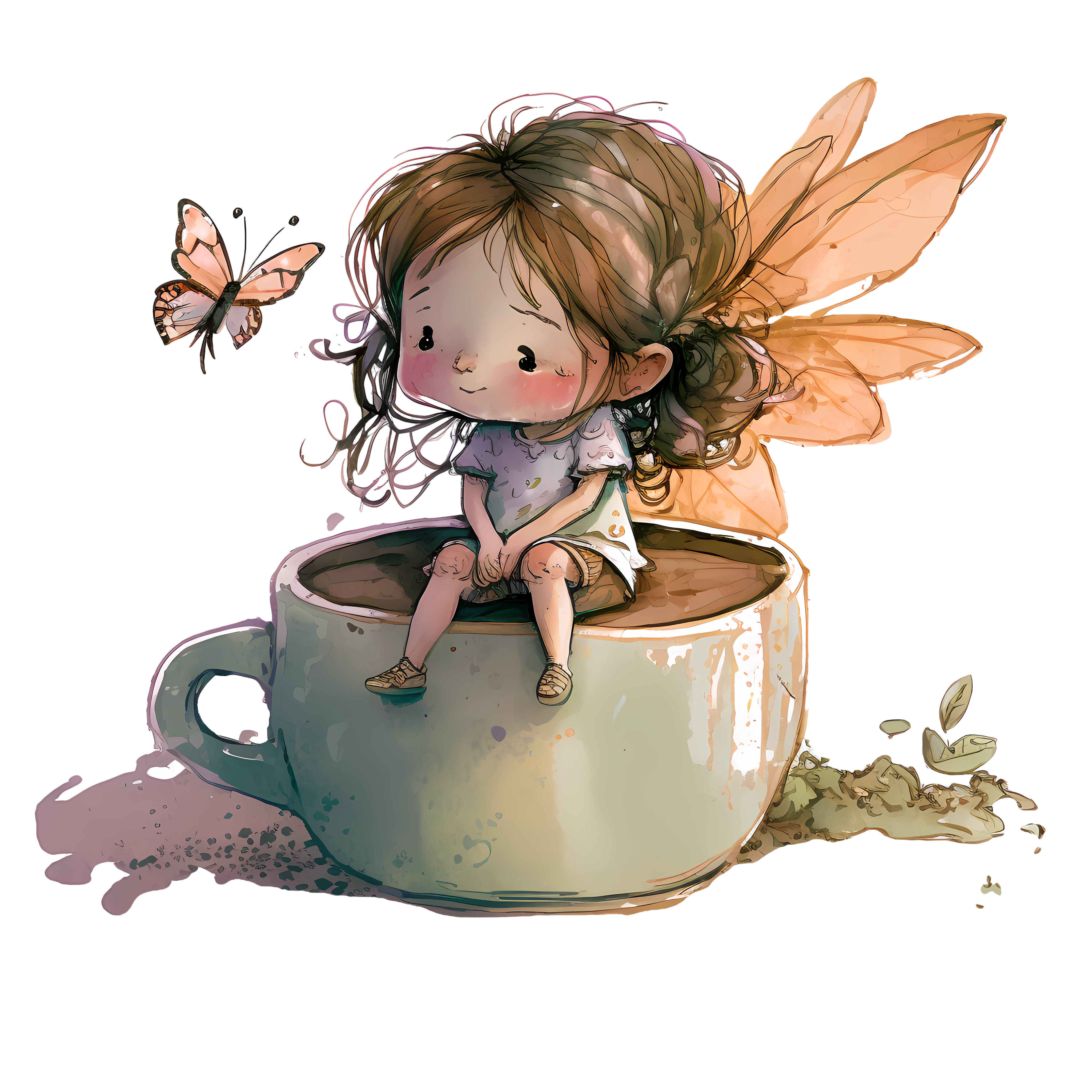 Butterfly wing girl sitting on the edge of a coffee cup PNG material