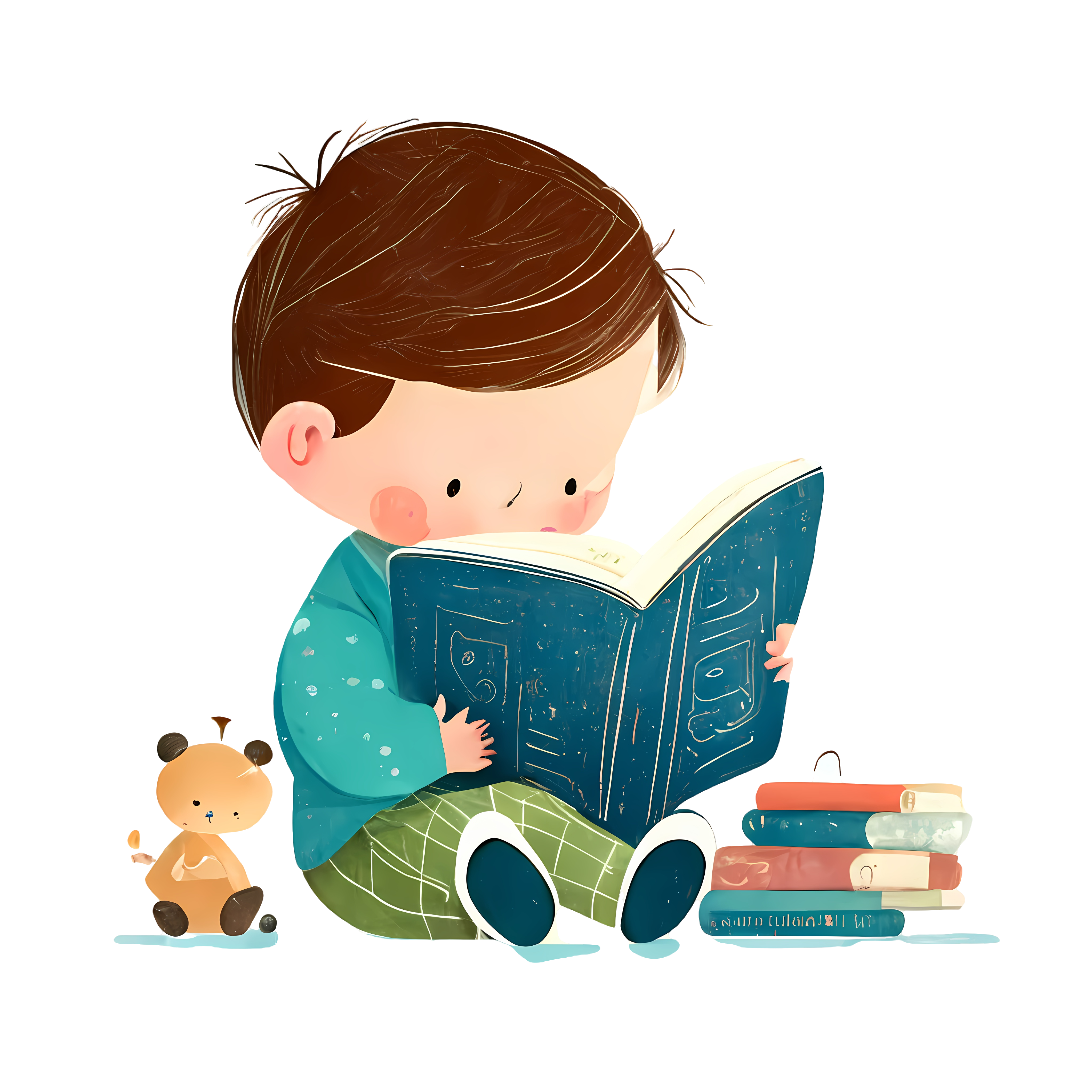 Cute cartoon little boy reading graphic material
