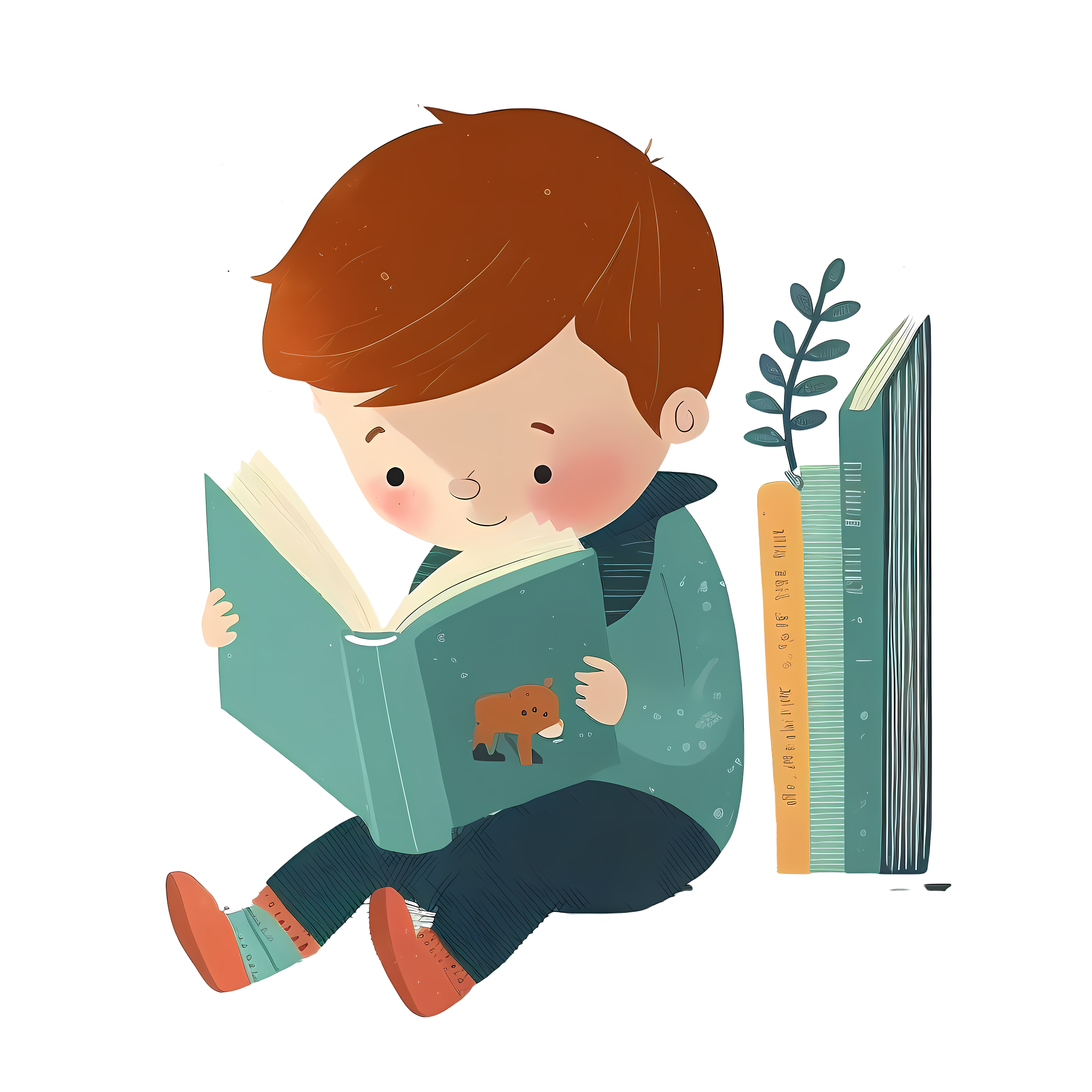 Cute cartoon little boy reading PNG graphic material