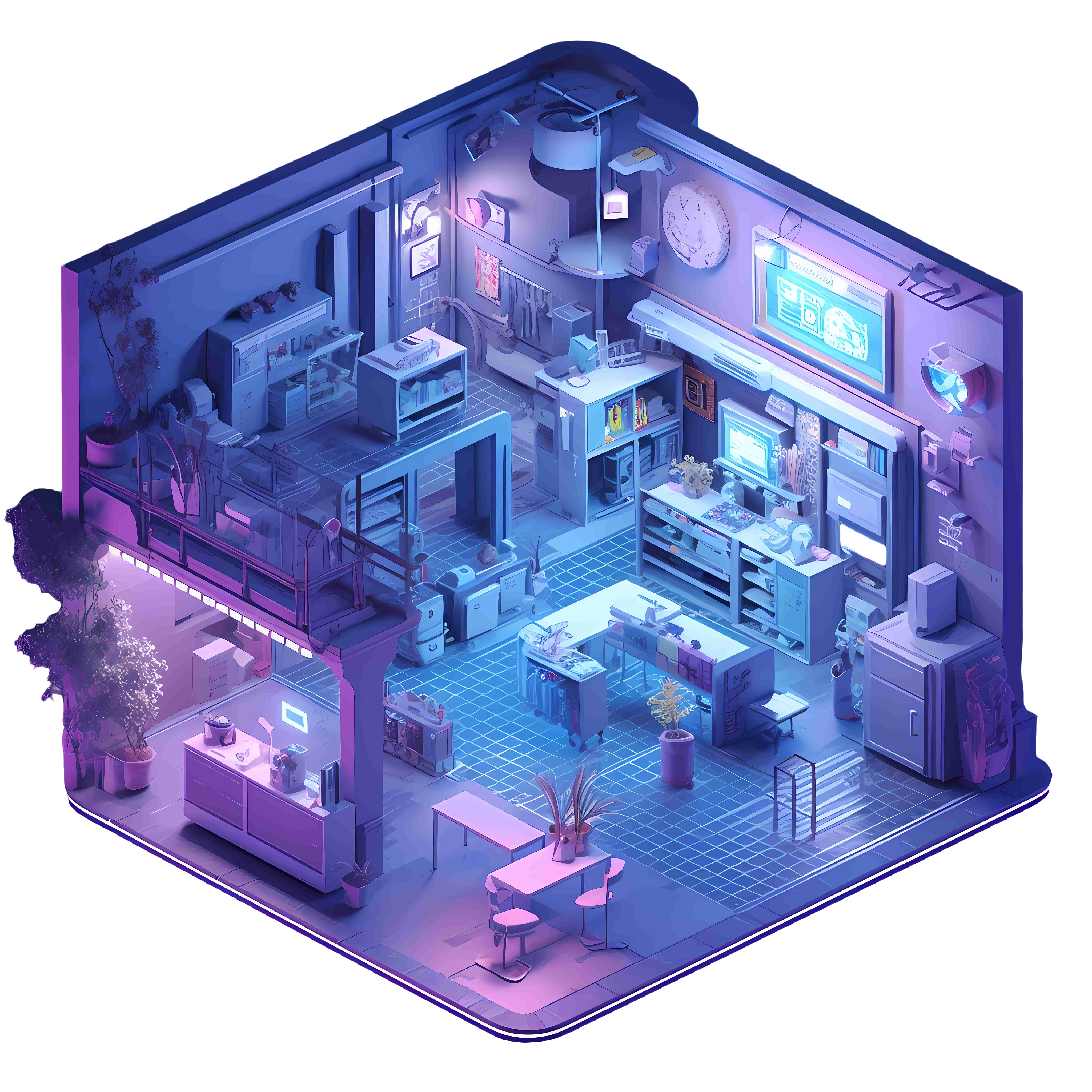 Transparent background graphic material - isometric projection technology house small shop illustration design in blue, purple and other tones