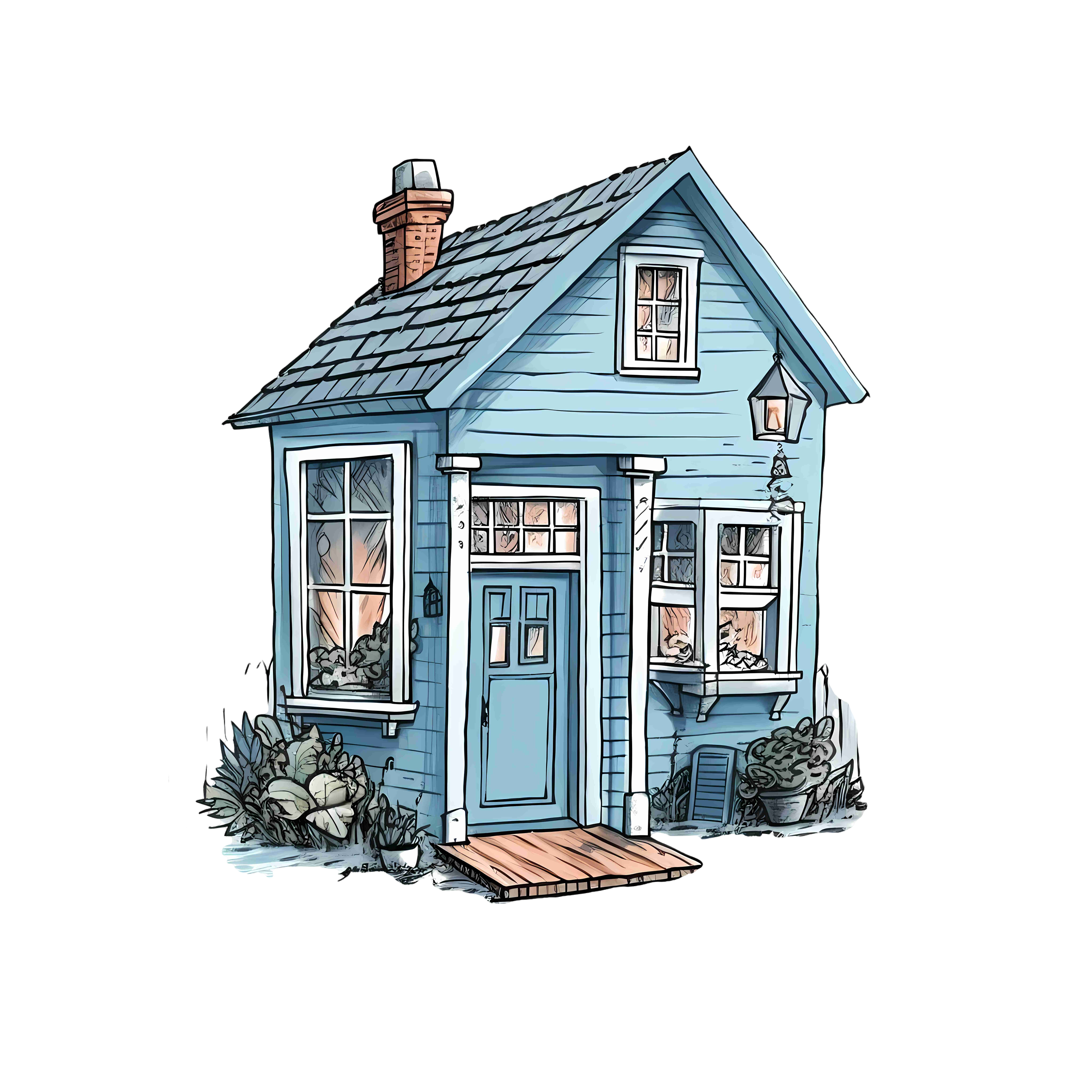 Fresh and simple blue wooden house illustration material