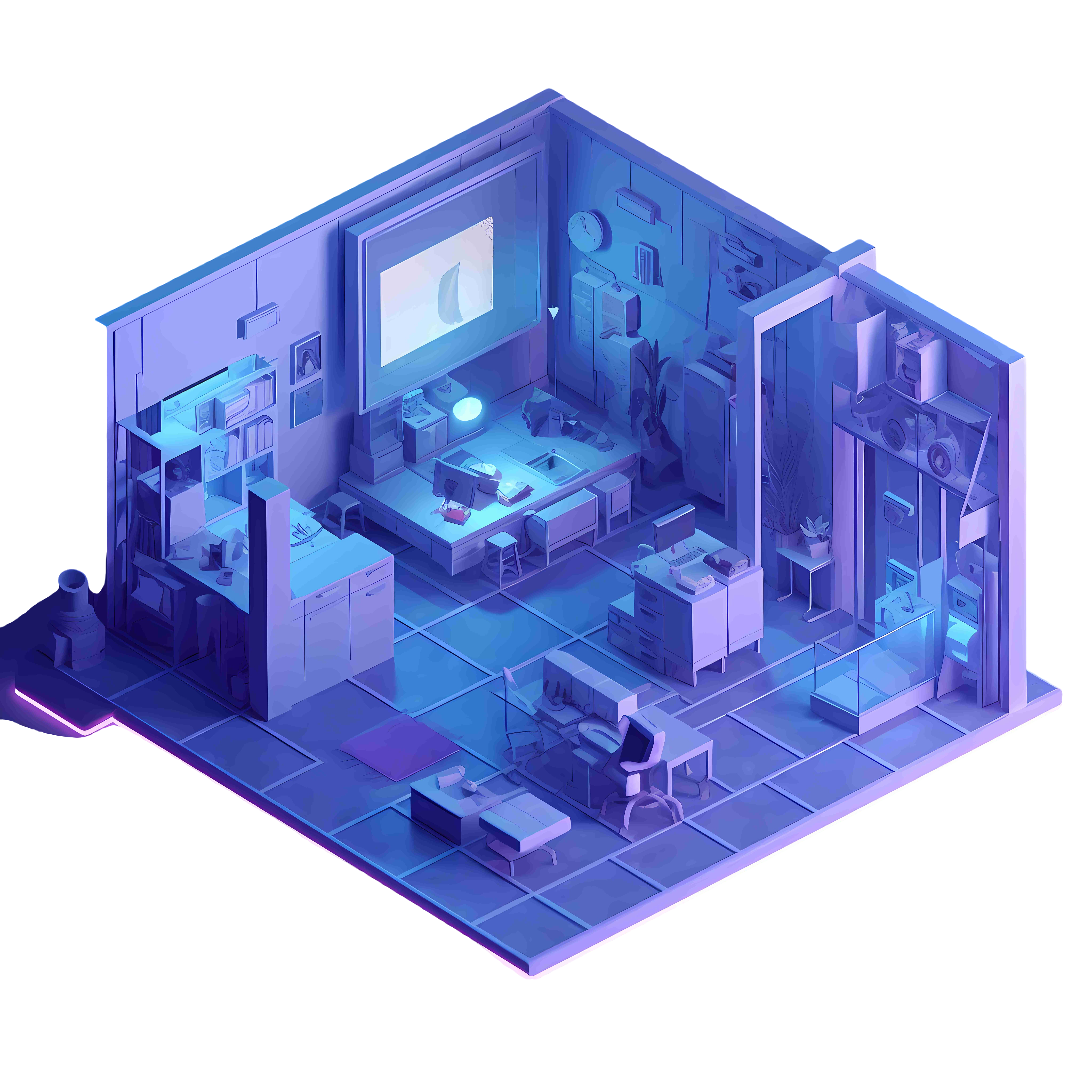 Blue-purple technology house small shop 3D art design elements PNG graphic materials