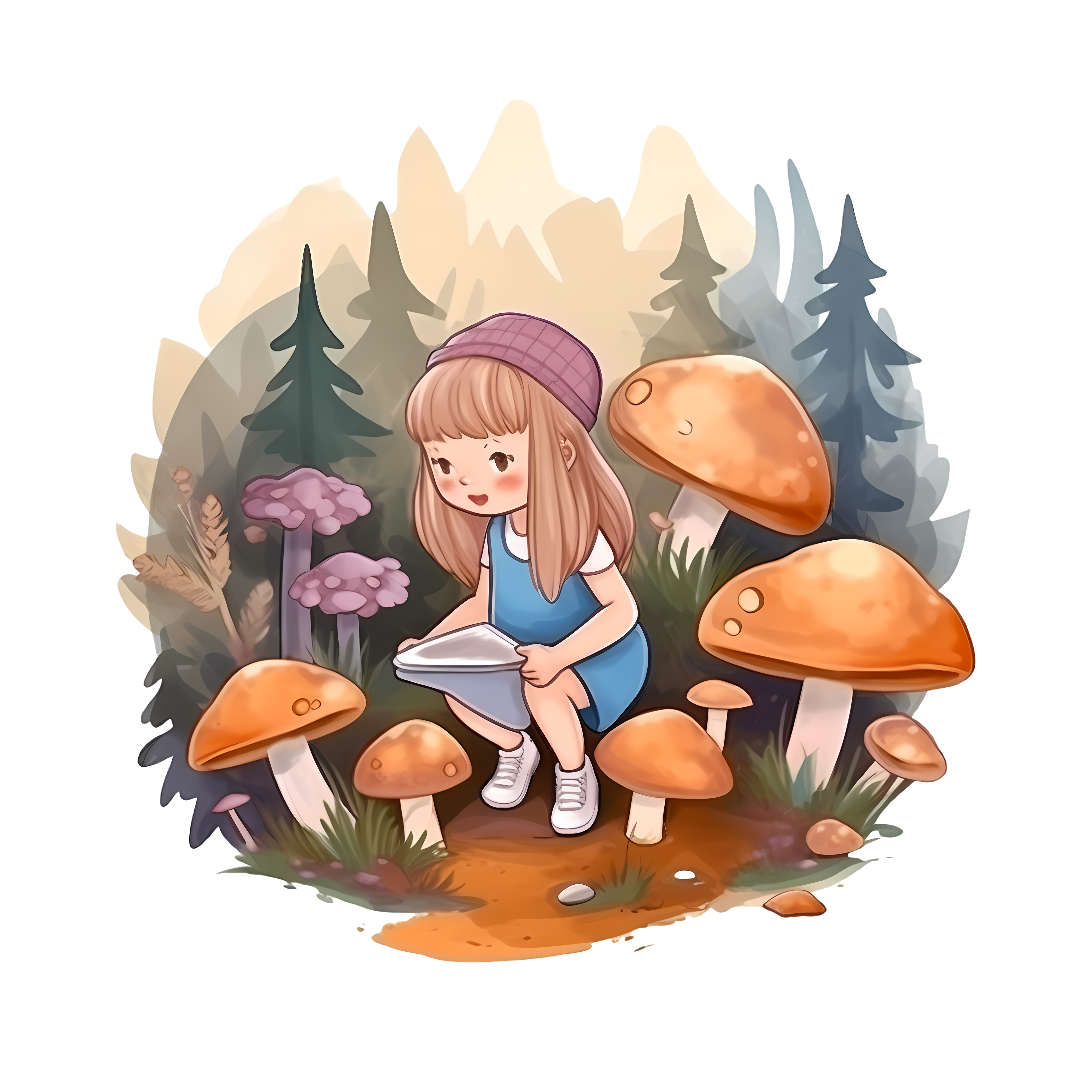 High-definition PNG material of a little girl picking mushrooms in the forest illustration