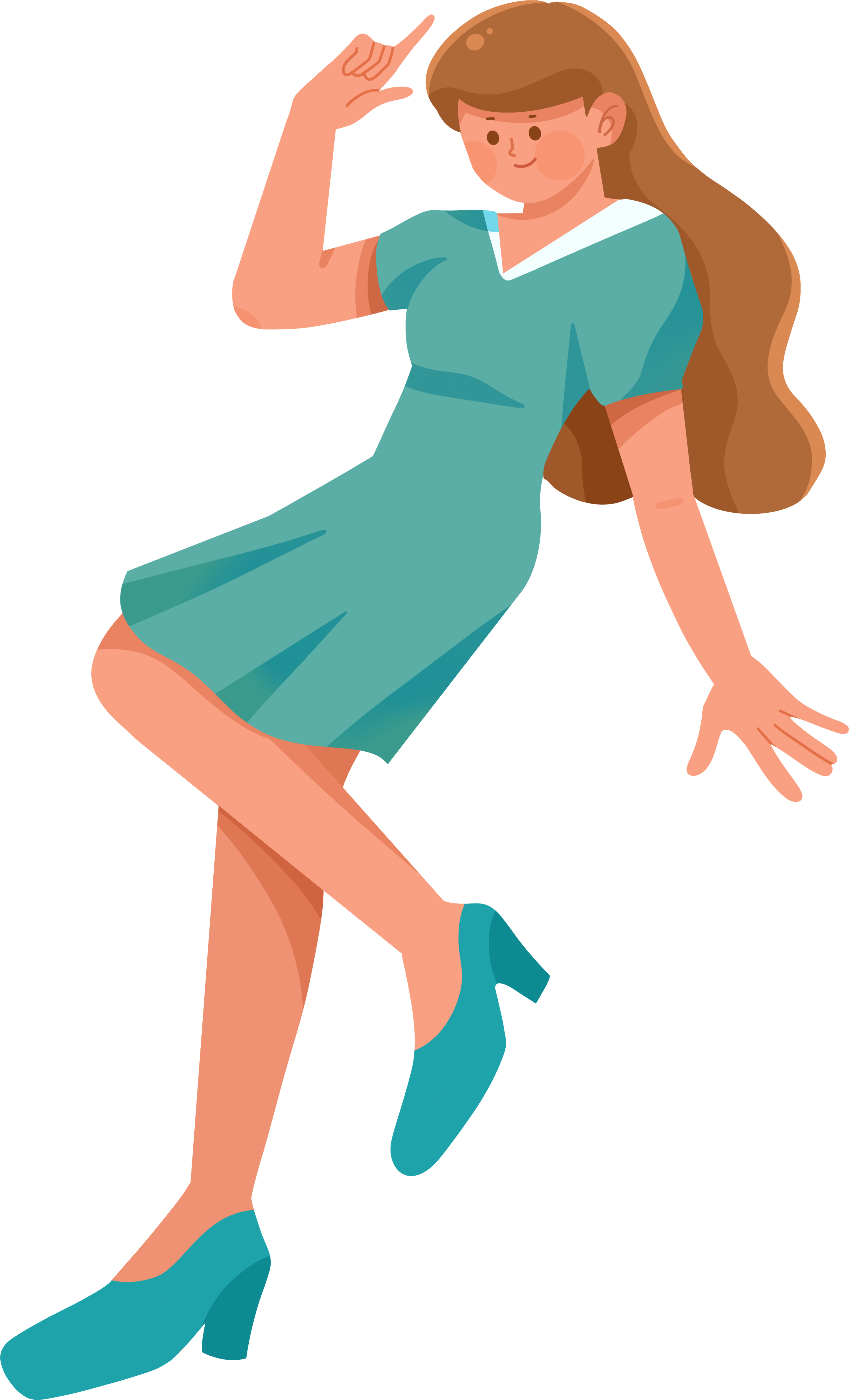 Image of a long-haired girl in high heels and a green dress