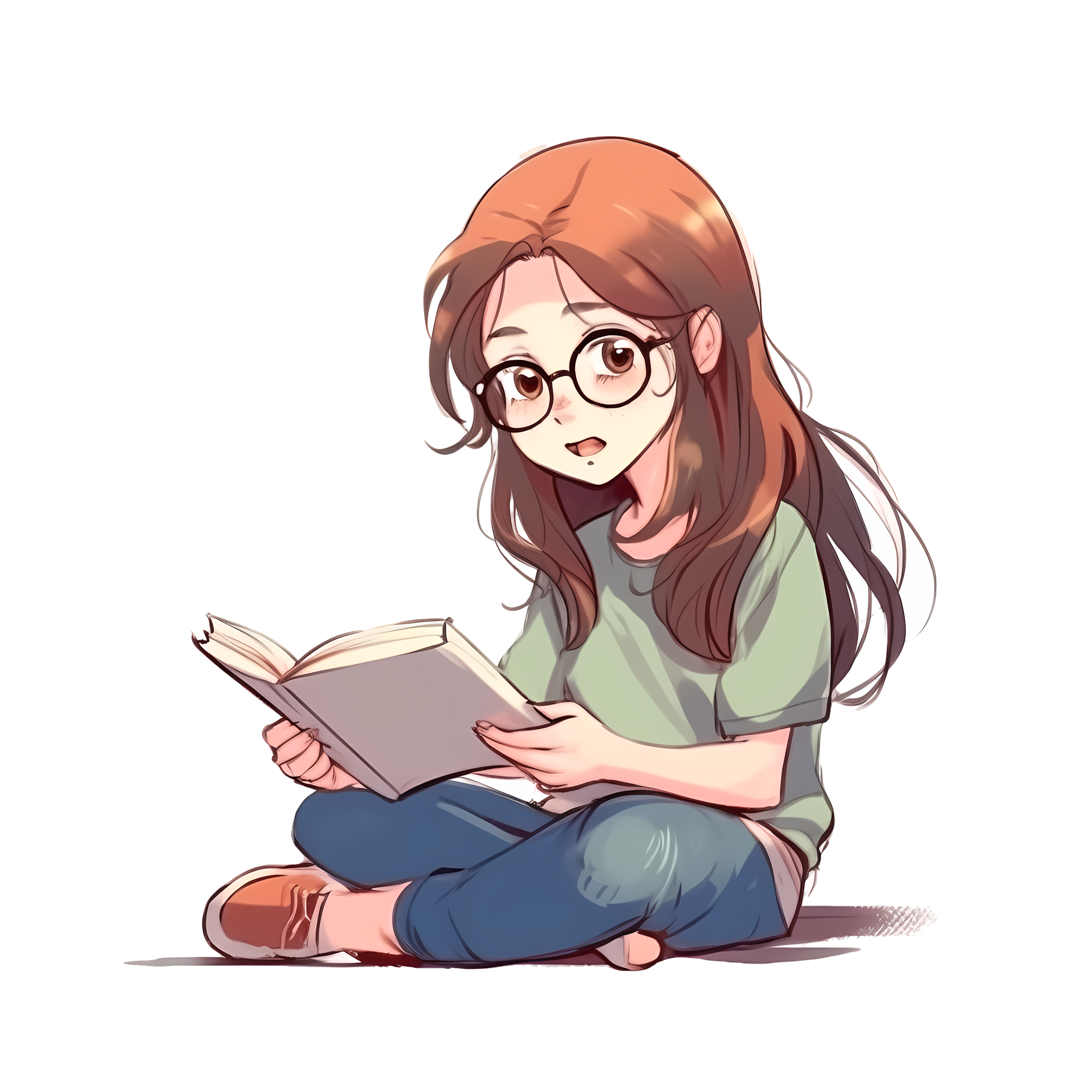 A girl in a short-sleeve shirt is reading a book.