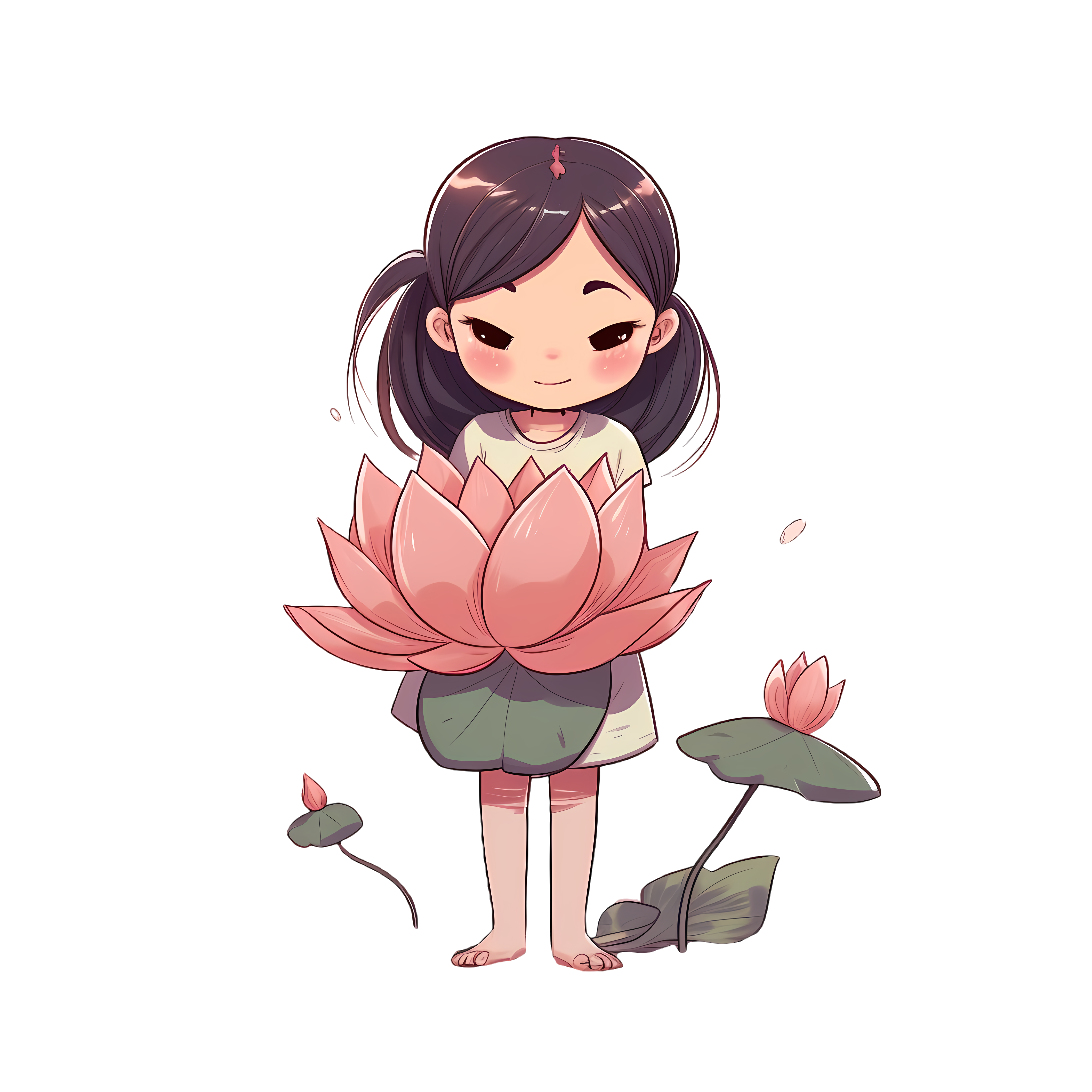 A barefoot little girl holding a lotus flower cartoon illustration