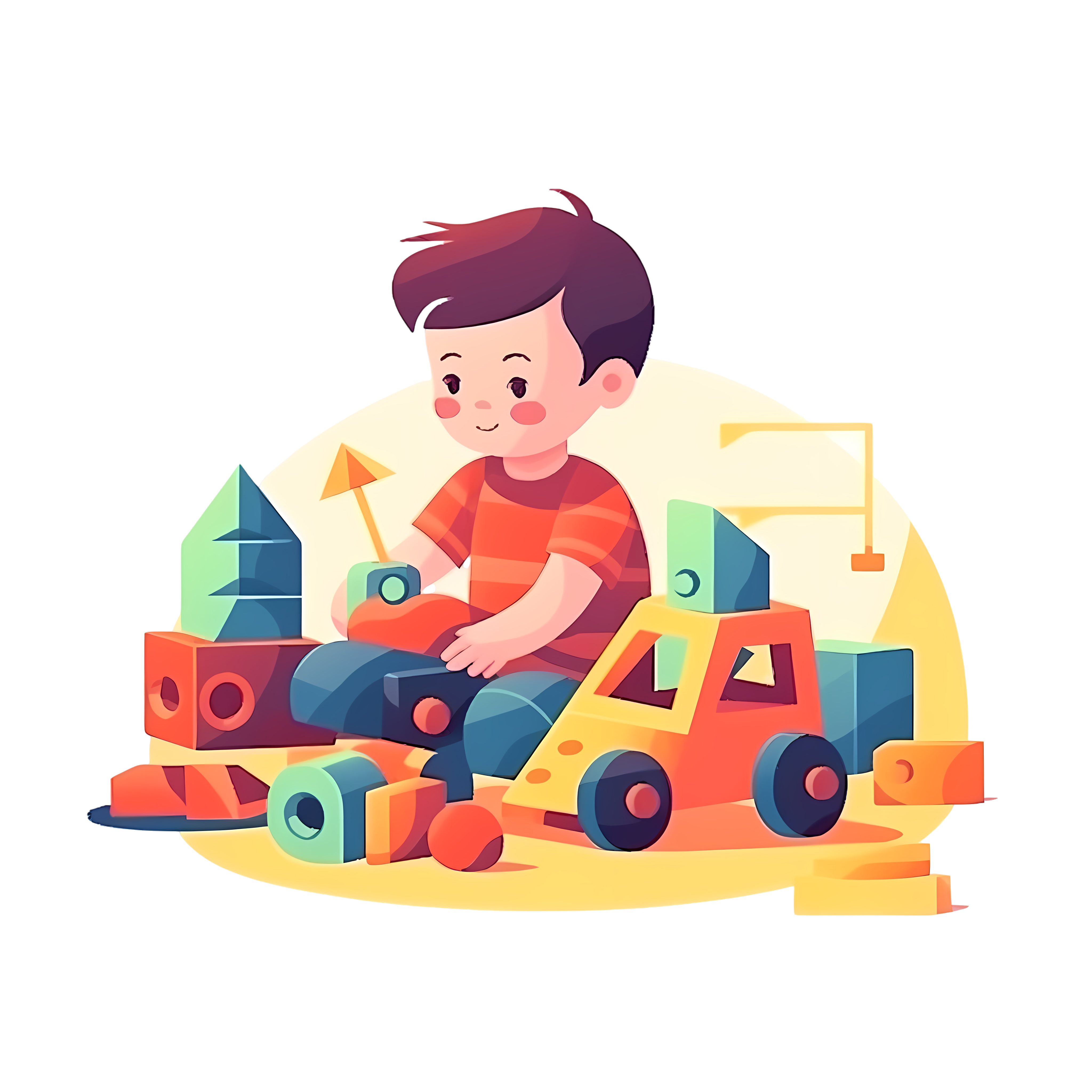 A little boy playing with cartoon building block toy graphic material