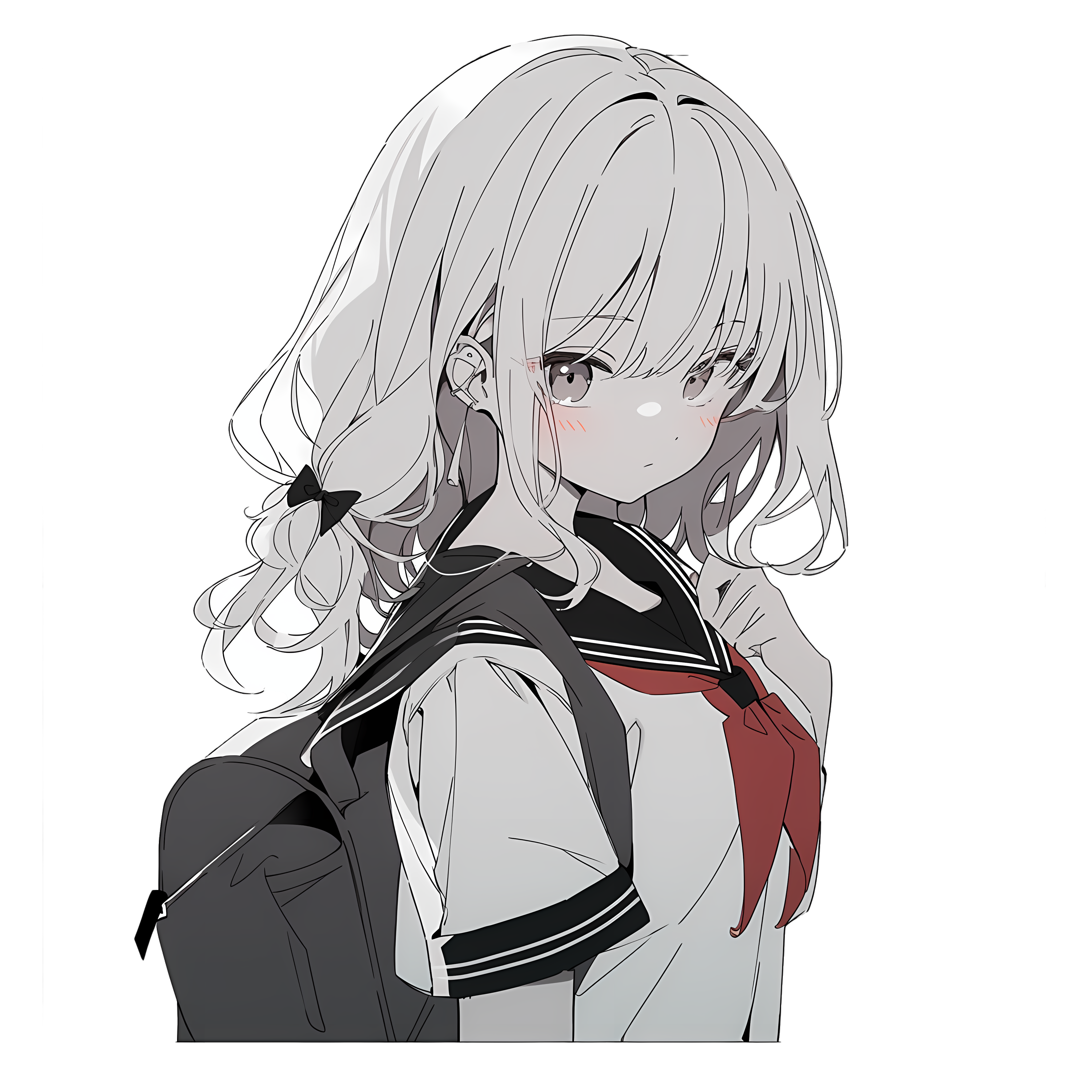 Black and white line art cartoon illustration of a schoolgirl