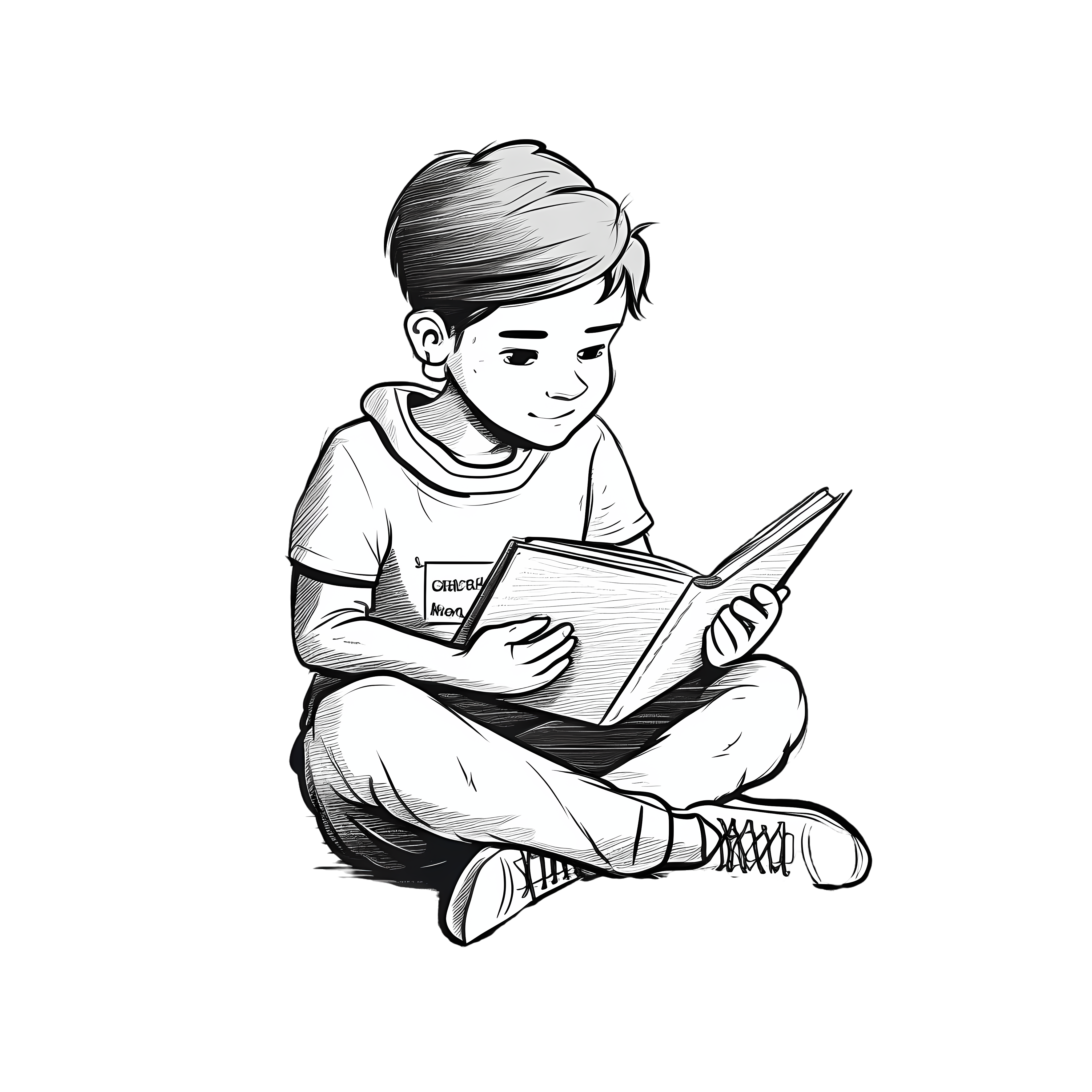 Black and white sketch of a little boy reading illustration