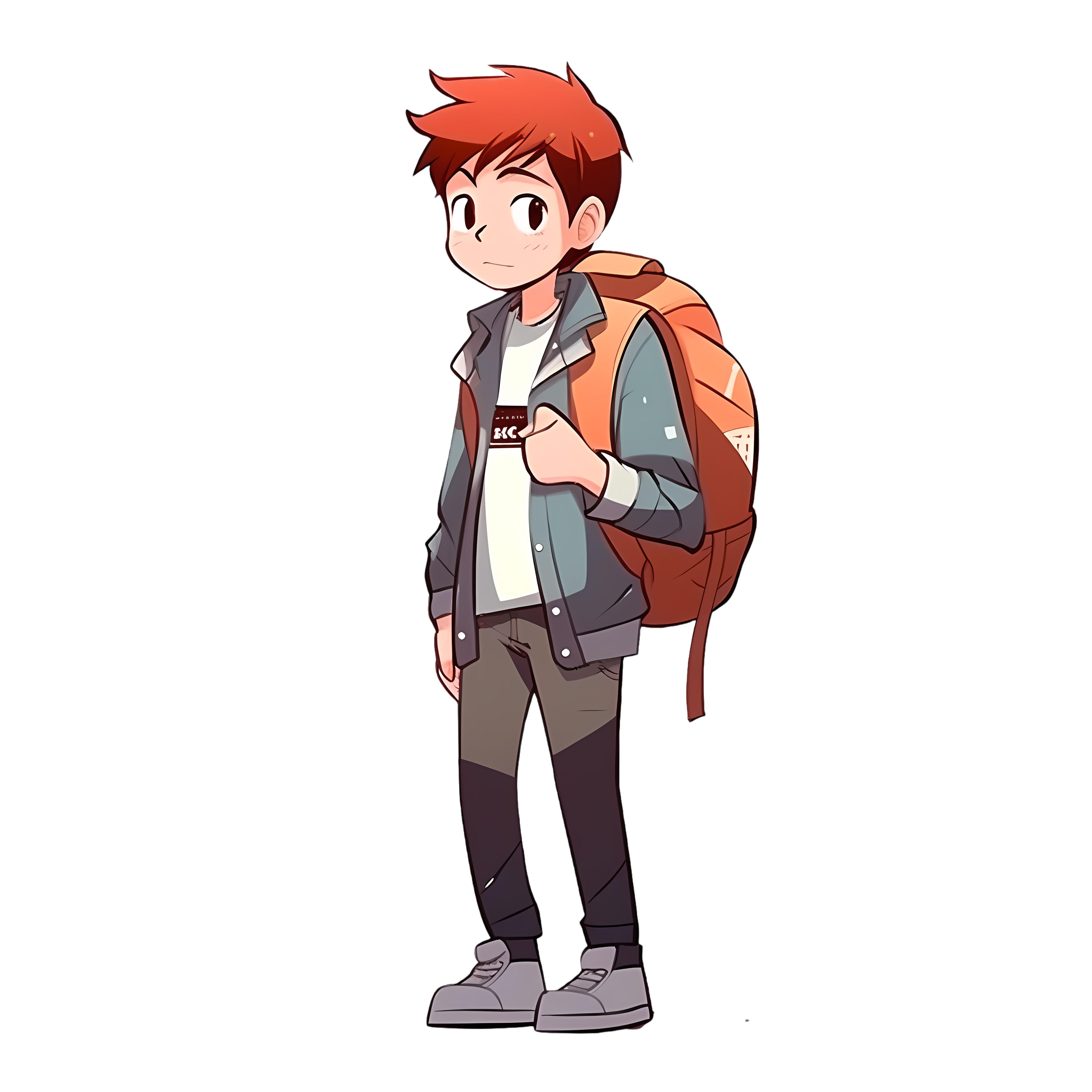 A picture of a little boy with orange hair carrying an oversized backpack.