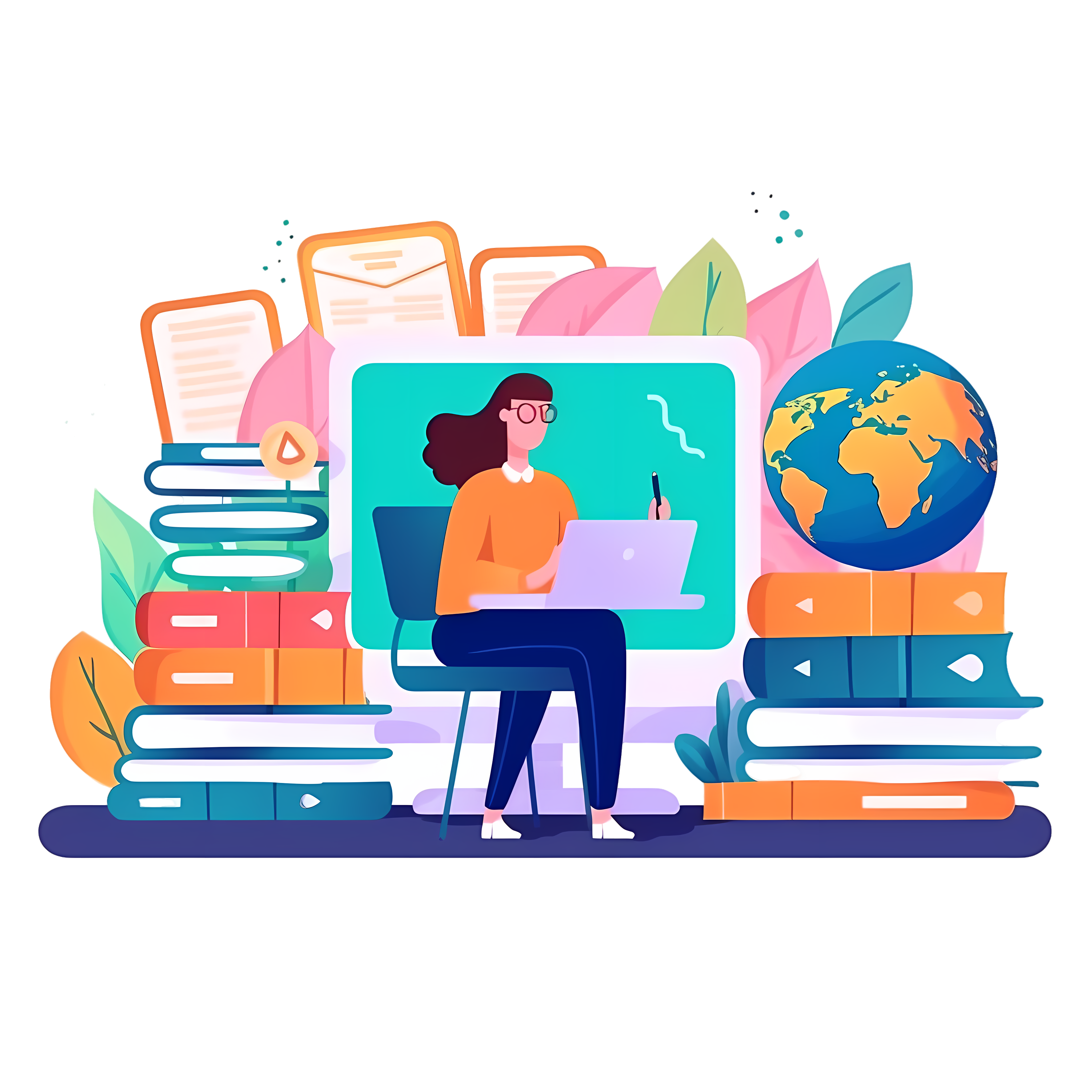 The female teacher is preparing lessons on the computer png illustration