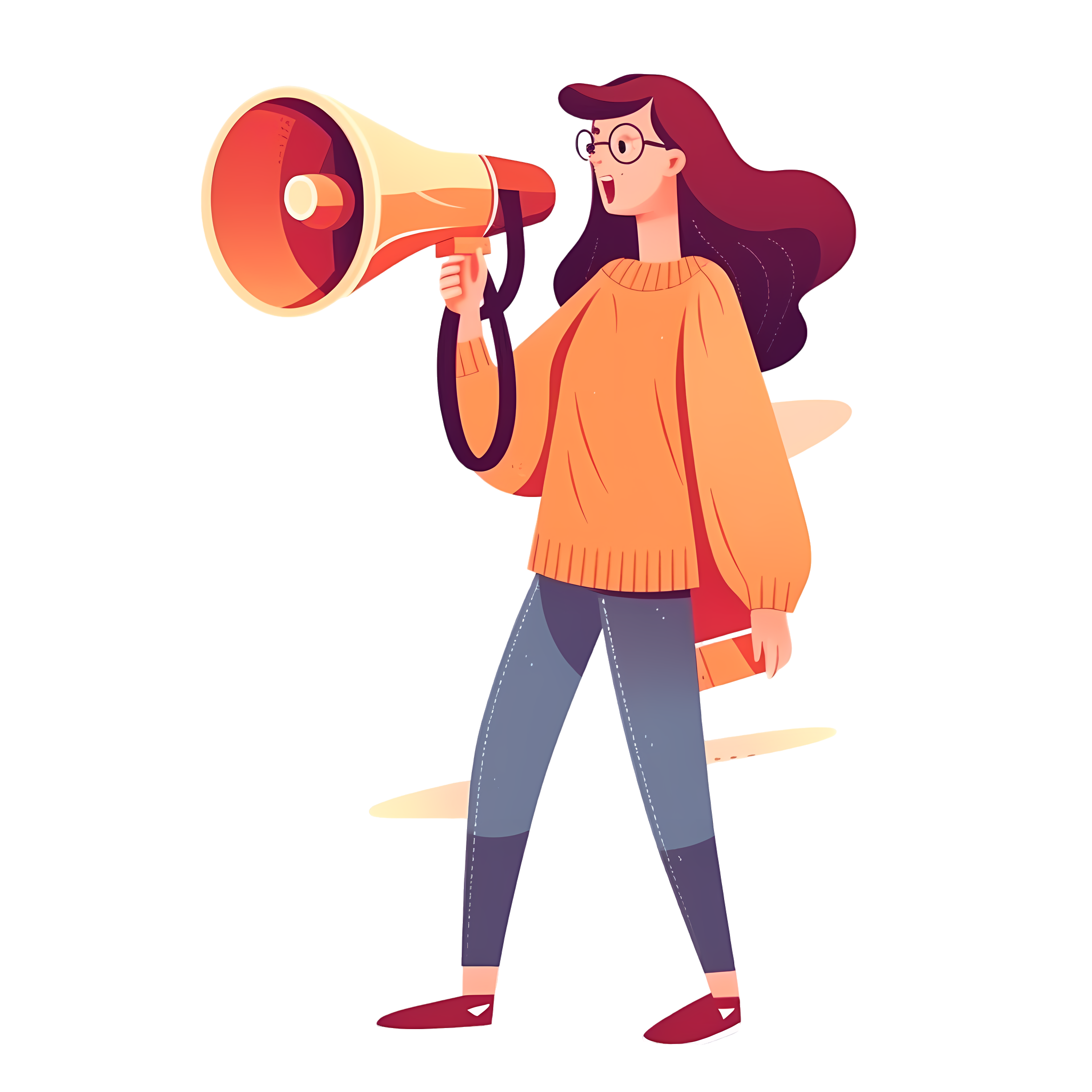 Cartoon red-haired girl holding a megaphone recruitment material