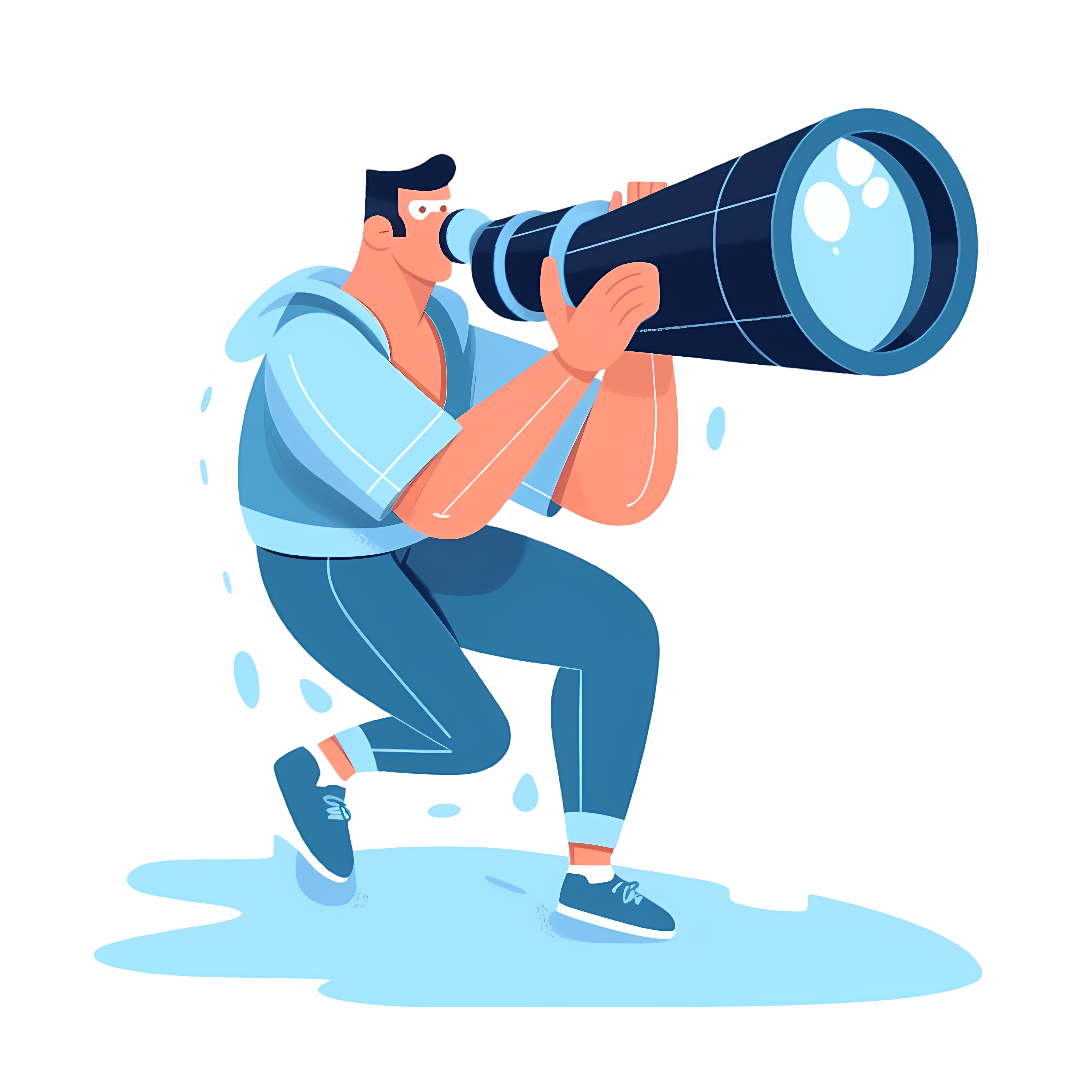 Cartoon boy using a telescope to screen interview candidates