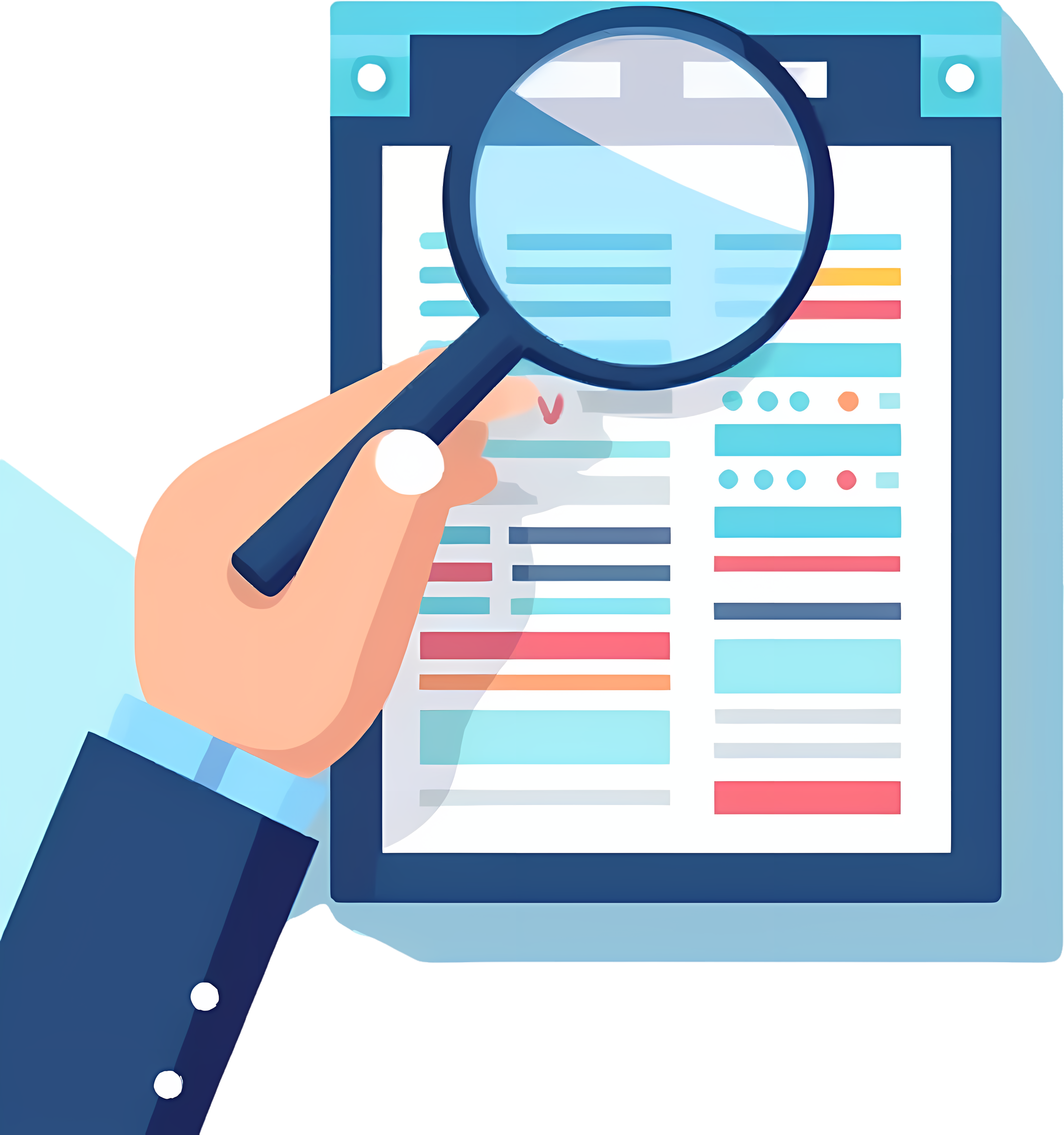 Holding a magnifying glass to examine a resume illustration for commercial use