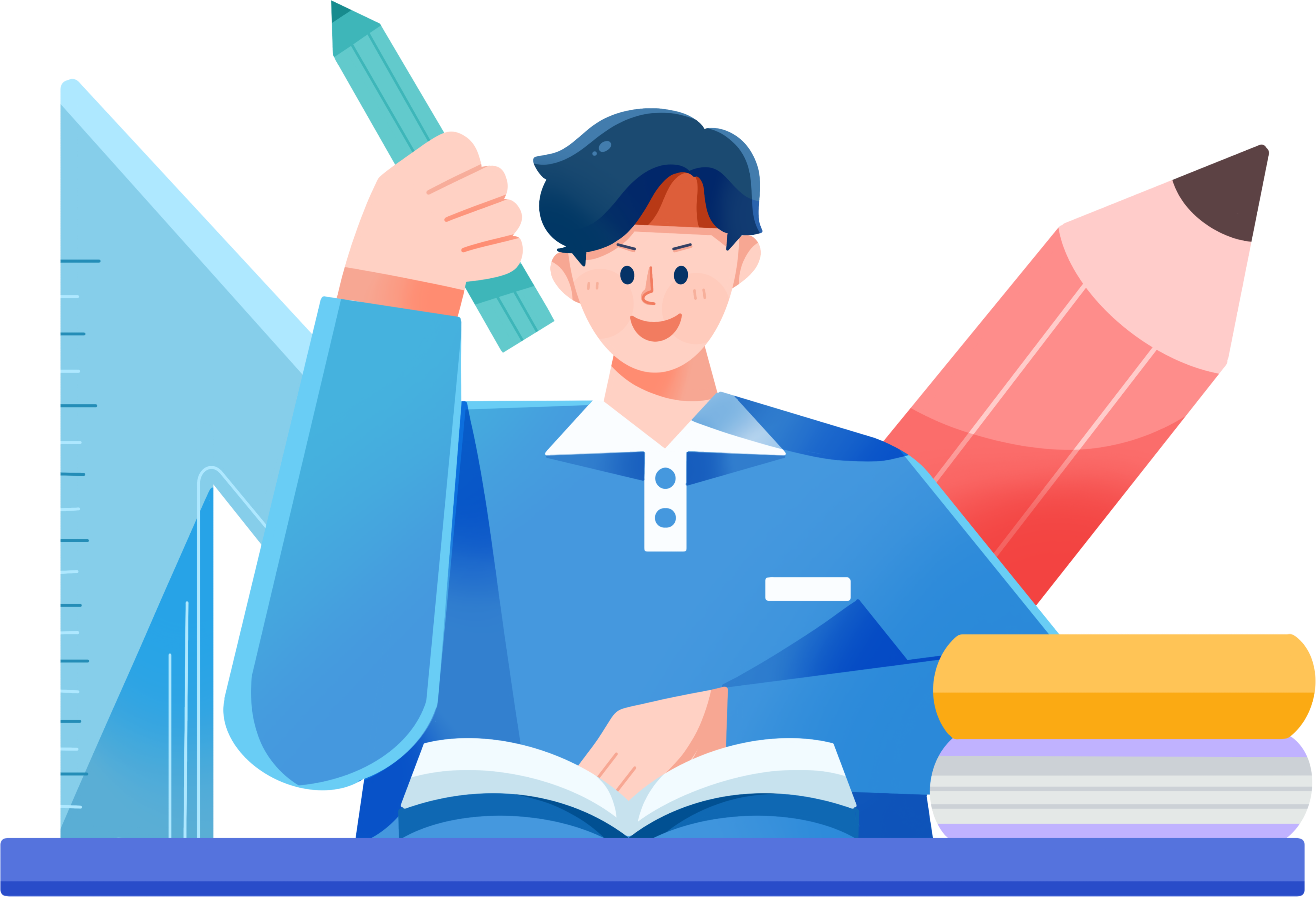 Illustration of a boy studying hard and preparing for exams