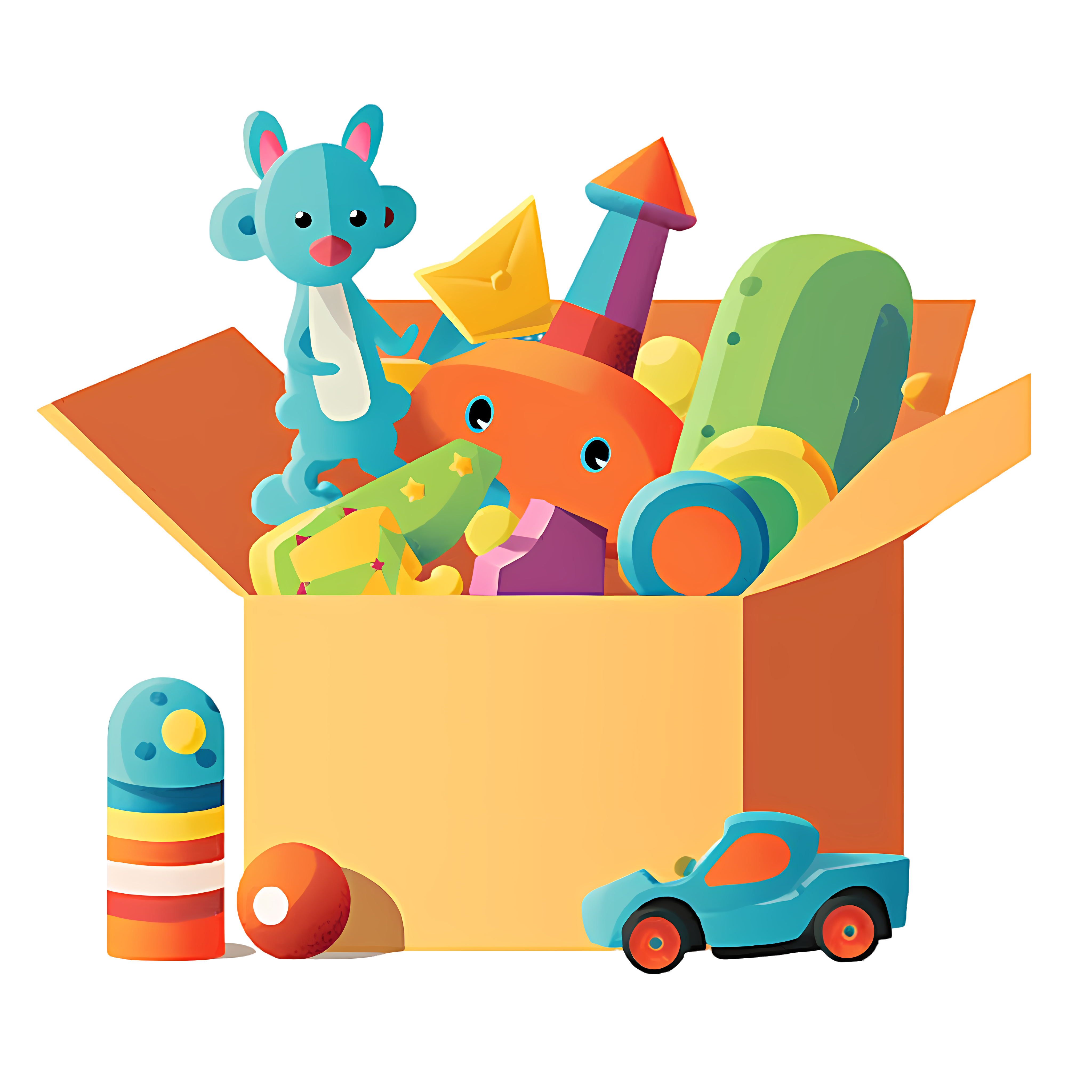 Commercially usable cardboard box filled with toys material