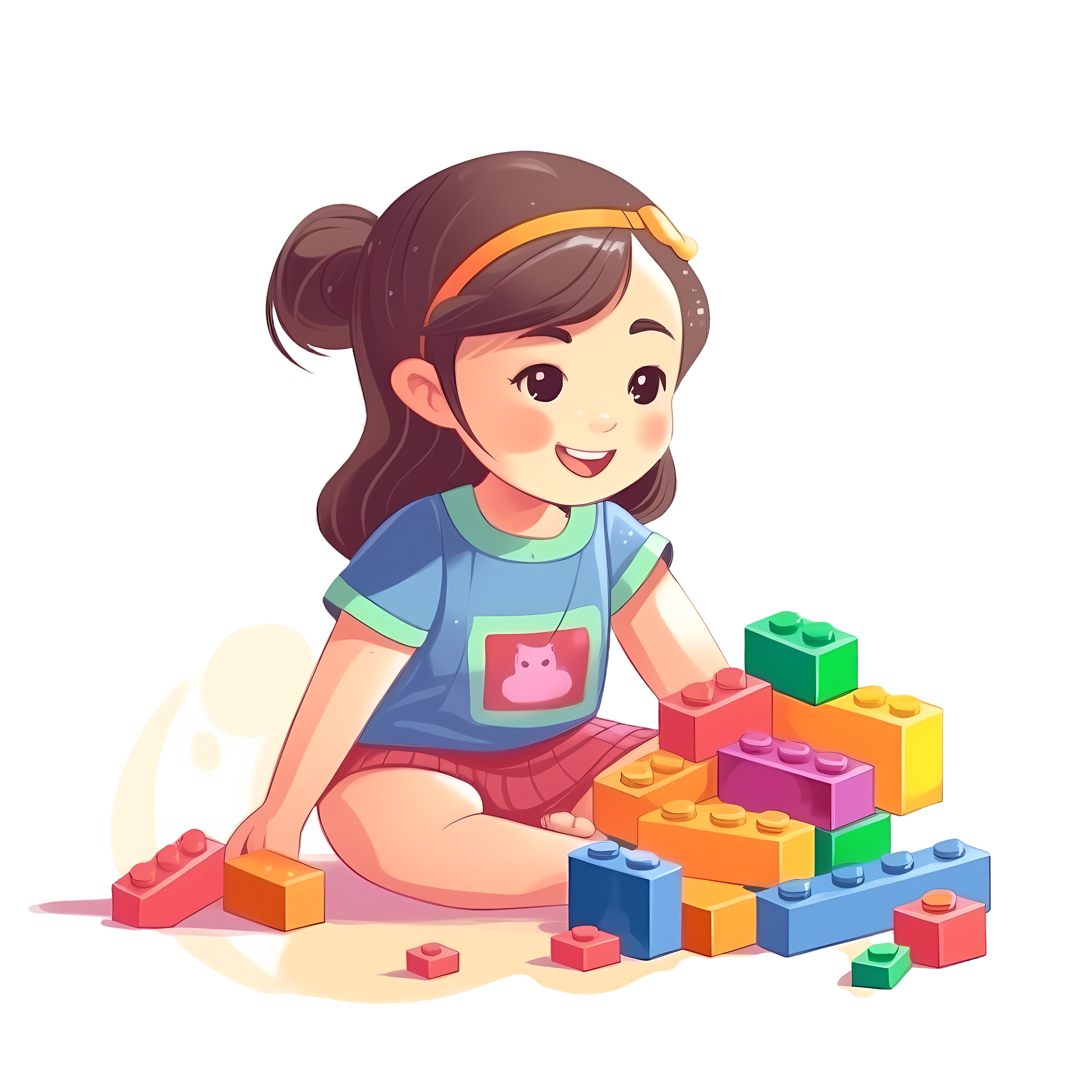 A cute girl with a yellow hairpin playing with toys illustration