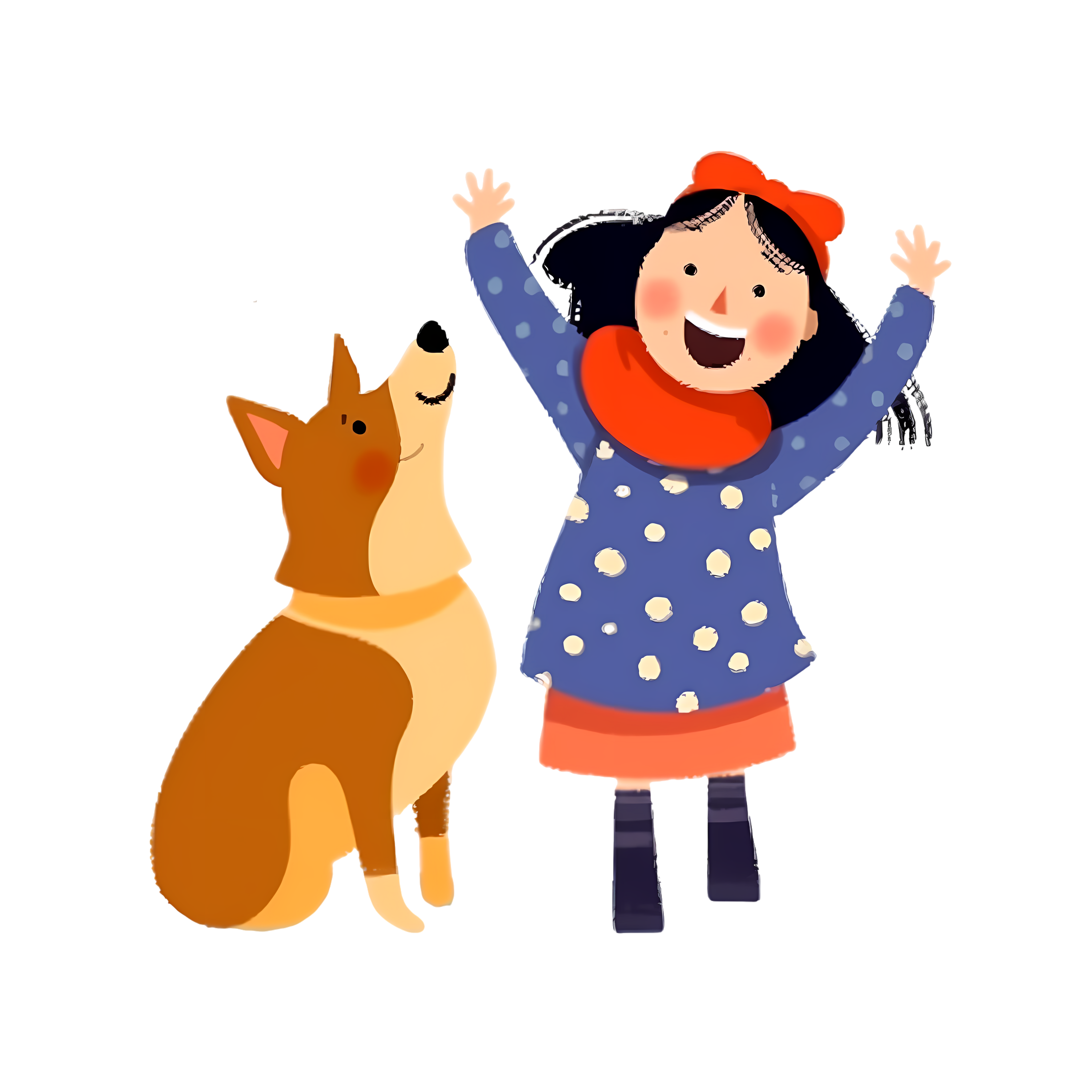 Hand-drawn illustration of a happy little girl and a dog